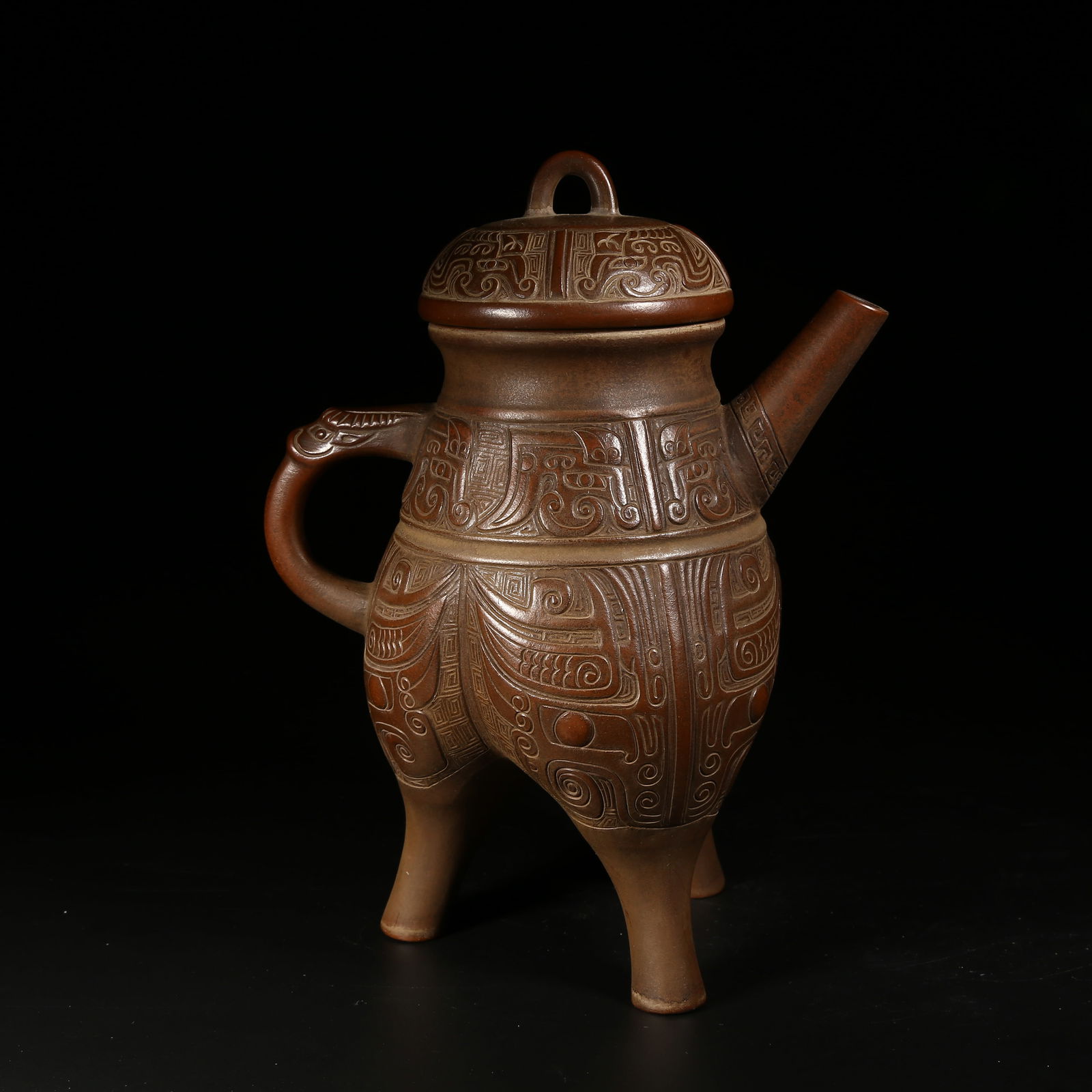 A YIXING ZISHA HE VESSEL WITH TAOTIE (BEAST FACE) PATTERN (1 of 9)