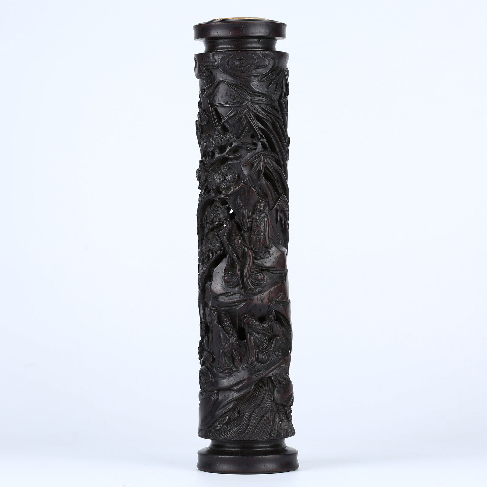 A ZITAN WOOD OPENWORK CARVED FIGURE STORY PATTERN INCENSE TUBE (1 of 14)