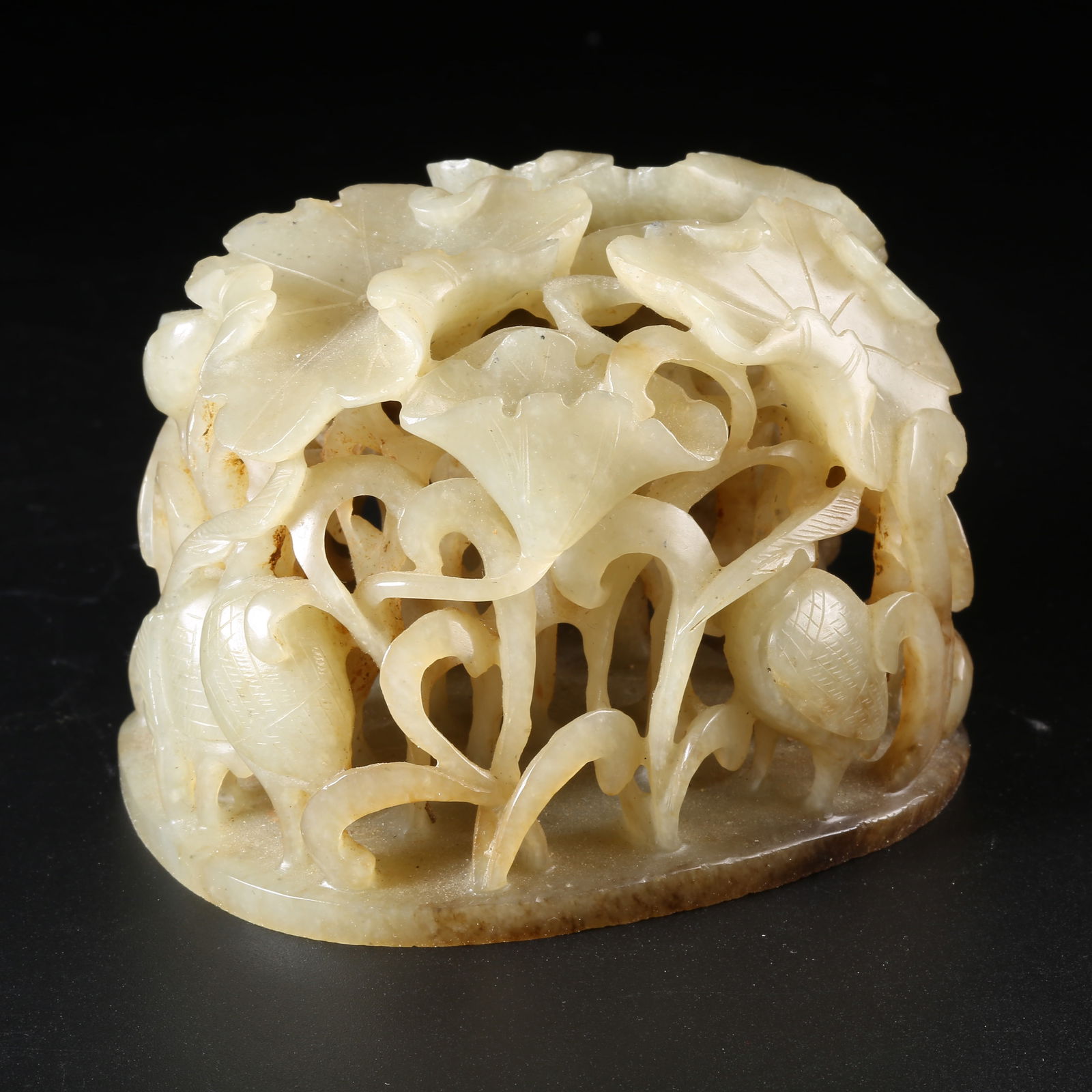A HETIAN JADE CENSER WITH IMMORTAL CRANE, LOTUS, AND LEAF MOTIFS: Hetian Jade Censer with Immortal Crane, Lotus, and Leaf Motifs