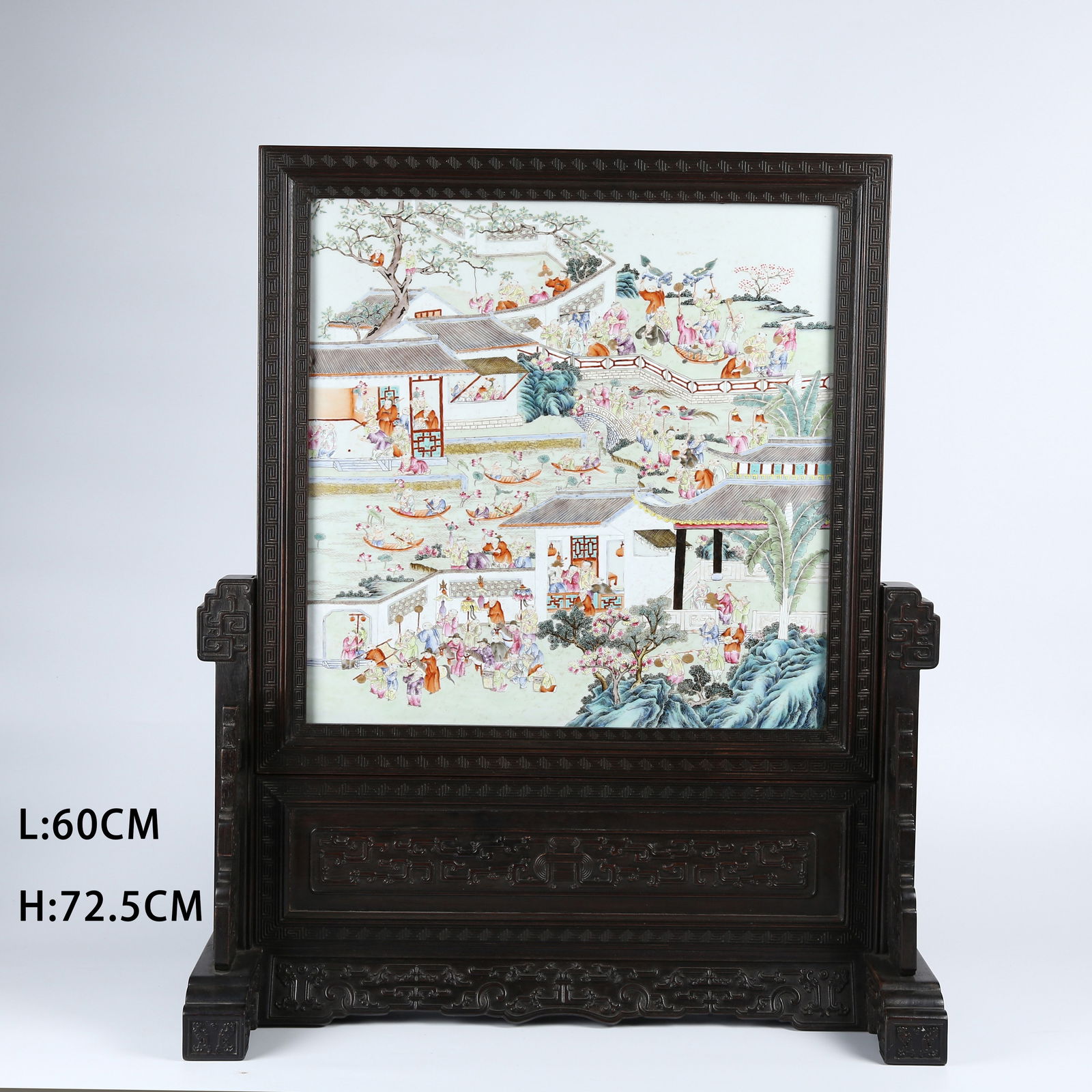 A ROSEWOOD INLAID FAMILLE-ROSE HUNDRED BOYS PLAYING PORCELAIN PANEL LARGE TABLE SCREEN (1 of 13)