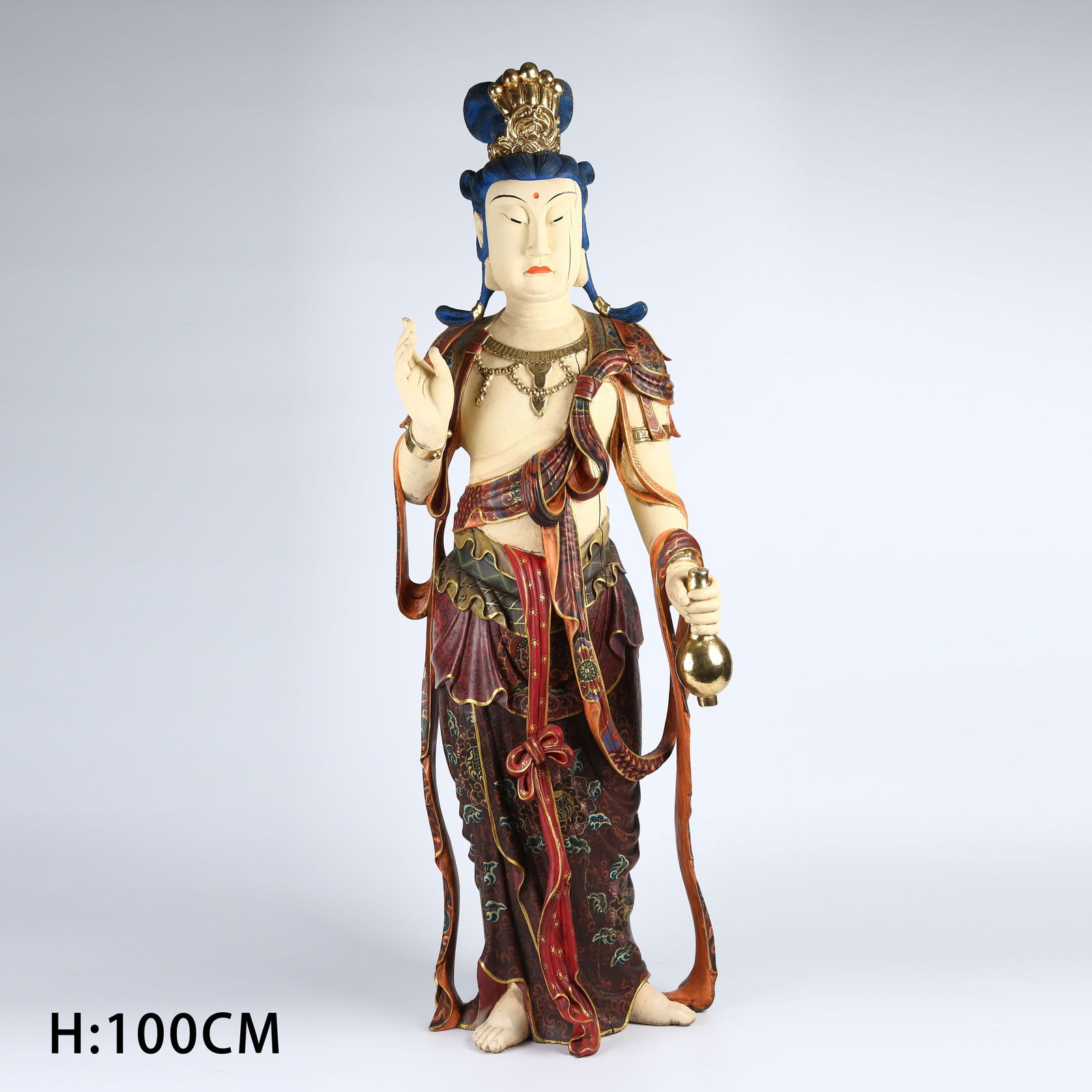 A CAMPHOR WOOD PAINTED STANDING STATUE OF MAITREYA BODHISATTVA (1 of 12)