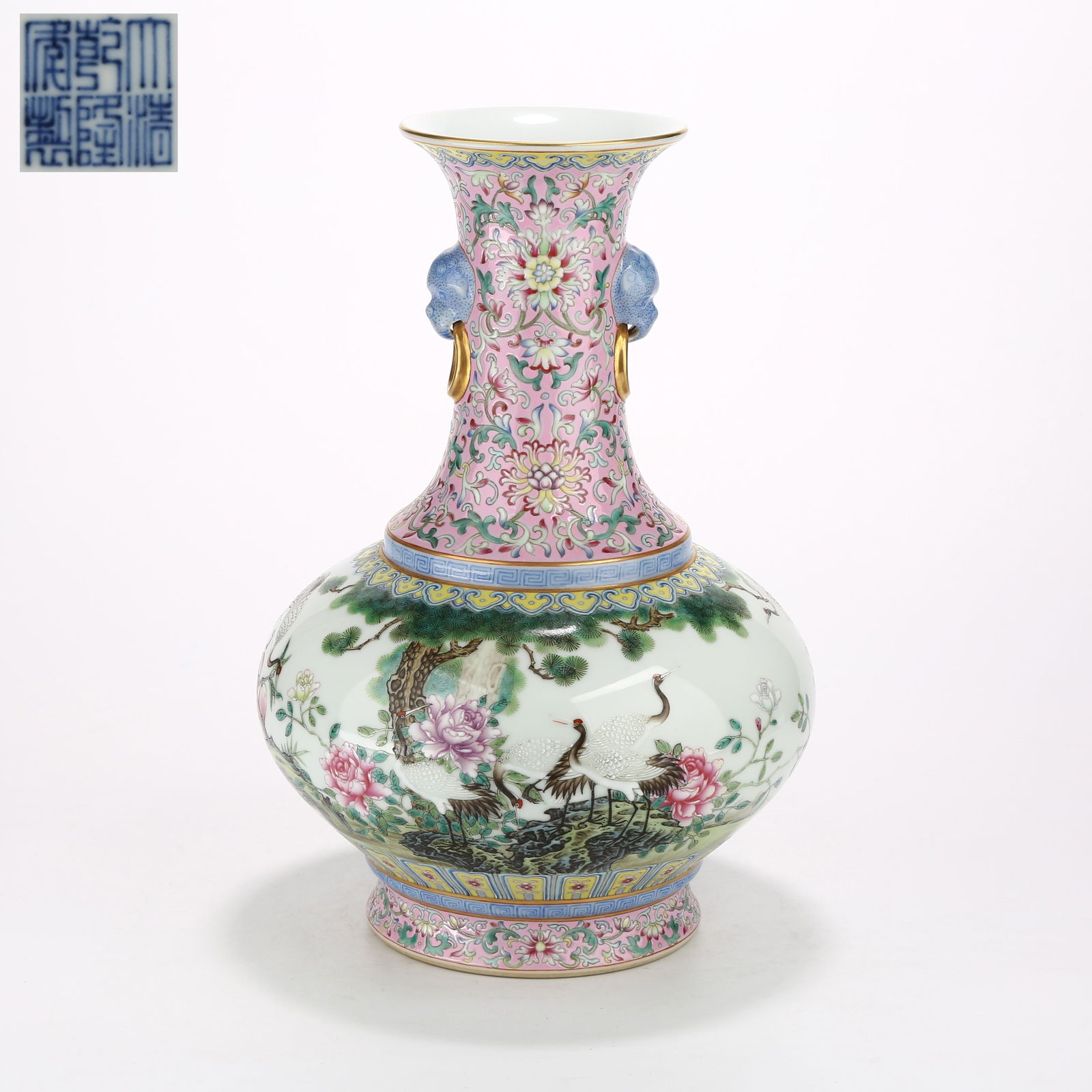 A FAMILLE ROSE VASE WITH PINE AND CRANE LONGEVITY MOTIF AND BEAST HANDLES (1 of 11)