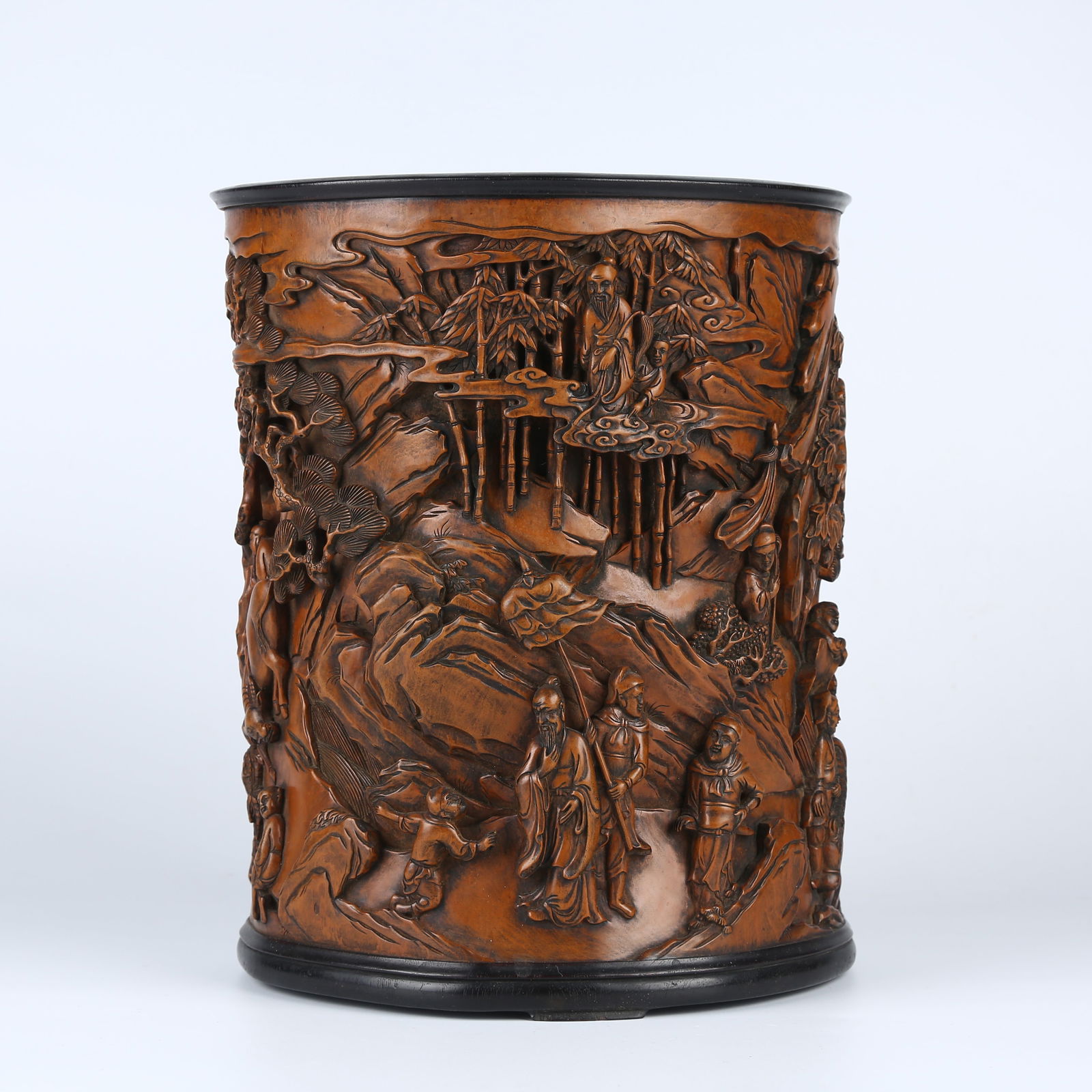 A BOXWOOD CARVED LANDSCAPE AND STORY SCENE BRUSH POT (1 of 14)