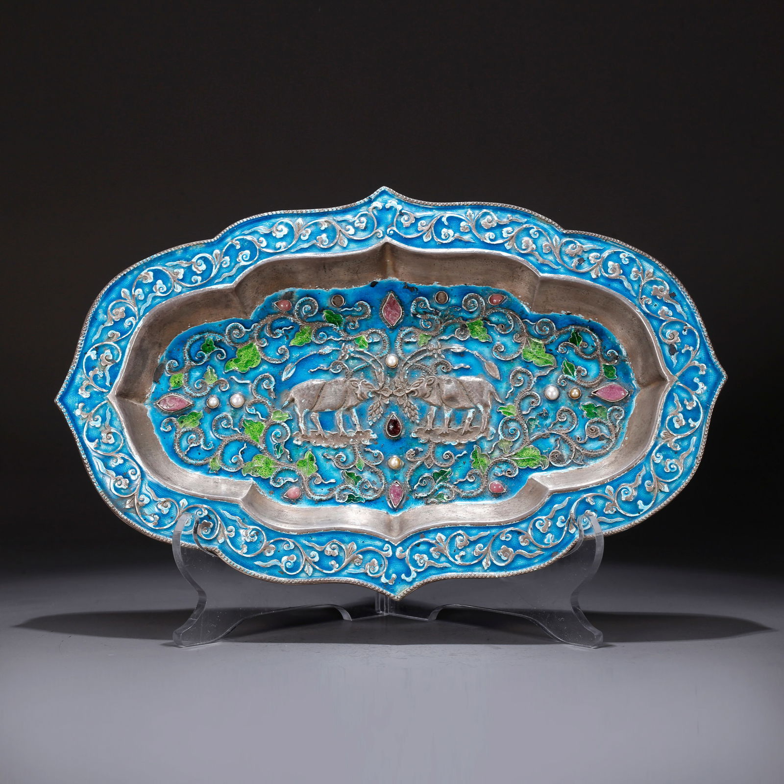 A POLYCHROME SILVER PLATE WITH BIRD-AND-FLOWER DESIGN: Polychrome silver plate with bird-and-flower design