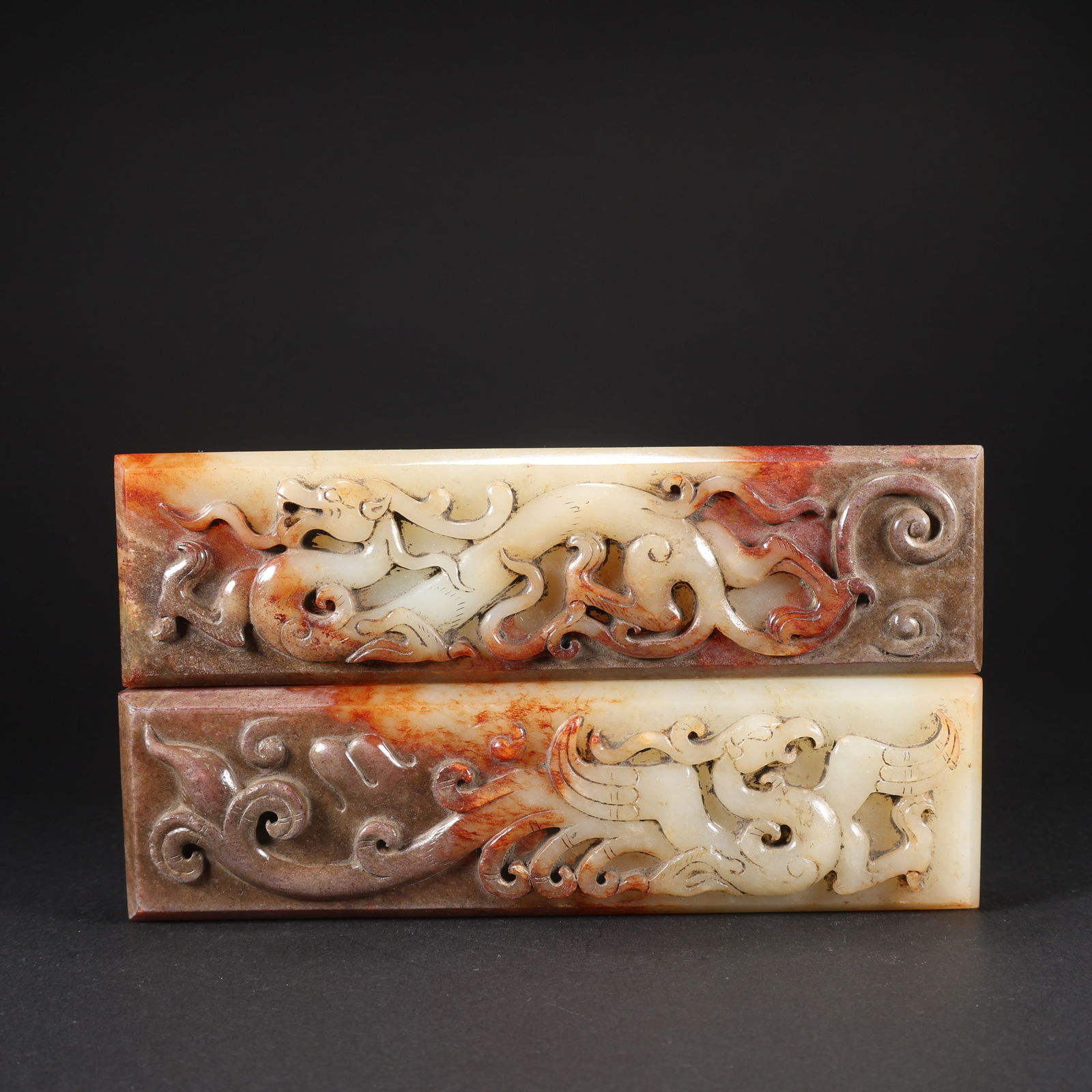 A PAIR OF HETIAN JADE DRAGON AND PHOENIX PAPERWEIGHTS (1 of 9)