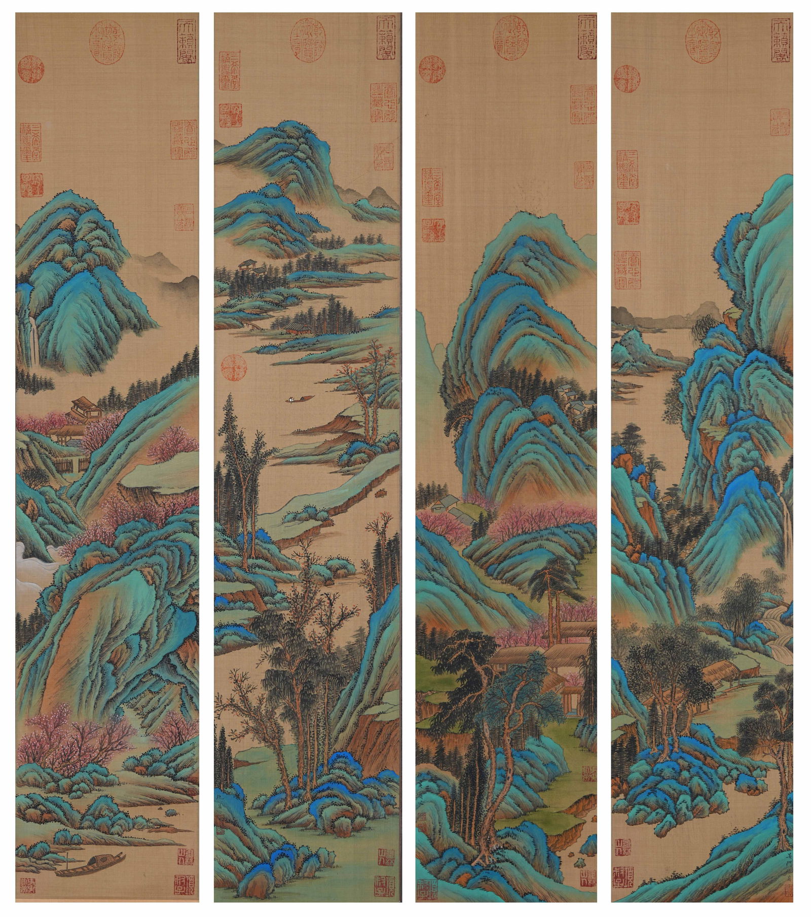 A LANDSCAPE PAINTINGS ON SILK BY QIU YING (FOUR PIECES).仇英 (1 of 15)