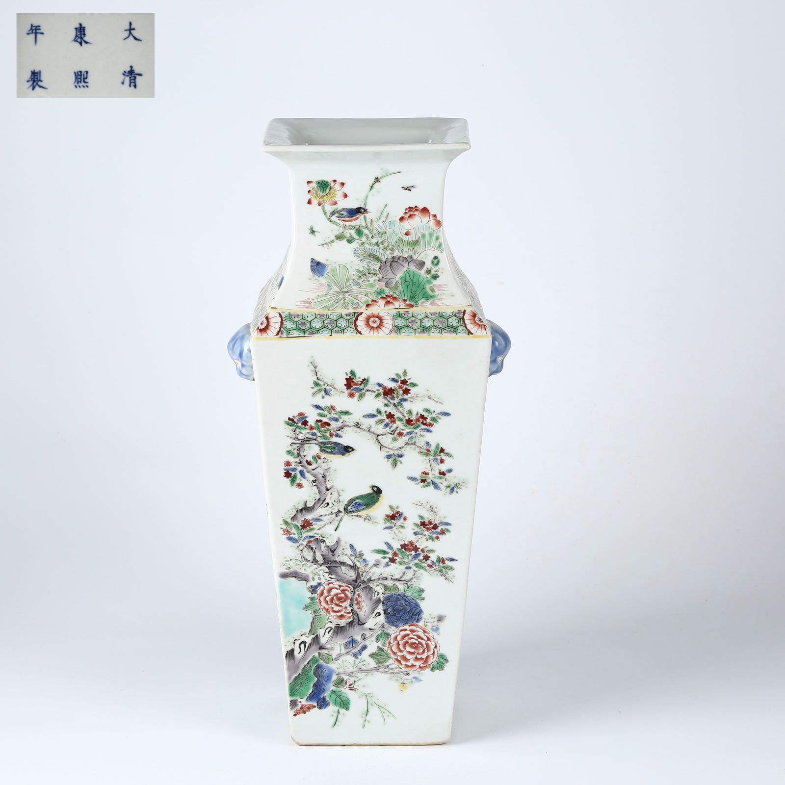 A FAMILLE-ROSE FLORAL AND BIRD PATTERN BEAST-EAR SQUARE VASE (1 of 13)
