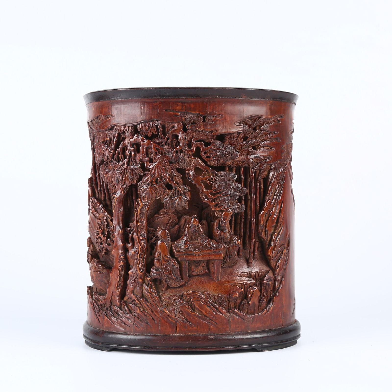 A BAMBOO CARVED SEVEN SAGES OF THE BAMBOO GROVE BRUSH POT: Bamboo Carved Seven Sages of the Bamboo Grove Brush Pot