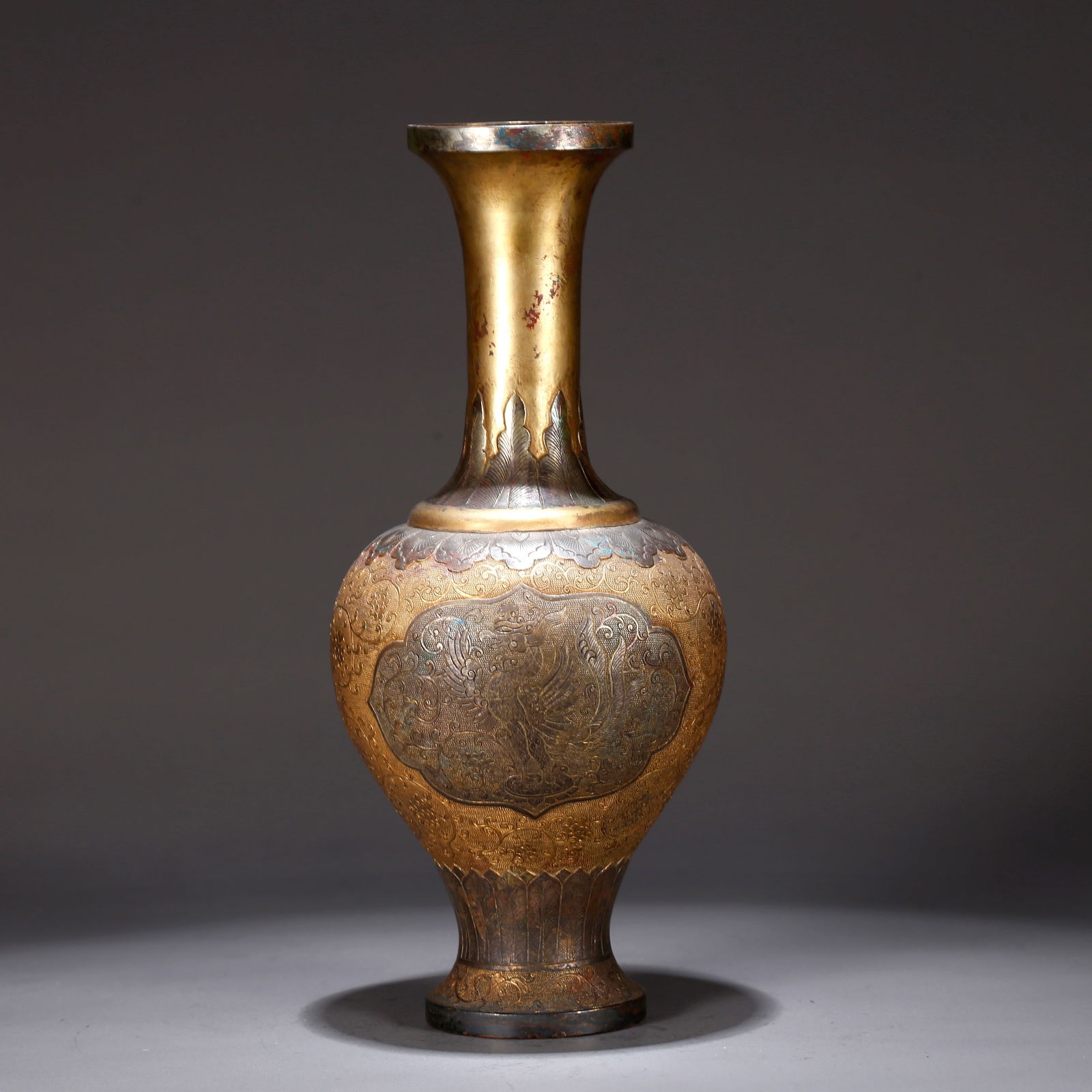 A GILT BRONZE VASE WITH BIRD-AND-FLOWER DESIGN AND FLARED MOUTH (1 of 10)