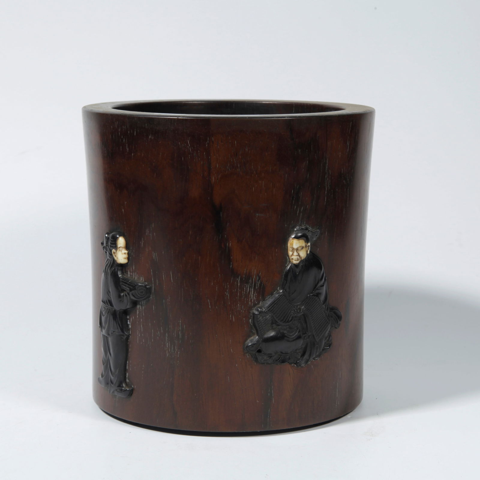 A ZITAN WOOD BRUSH HOLDER CARVED WITH FIGURES AND STORIES (1 of 9)