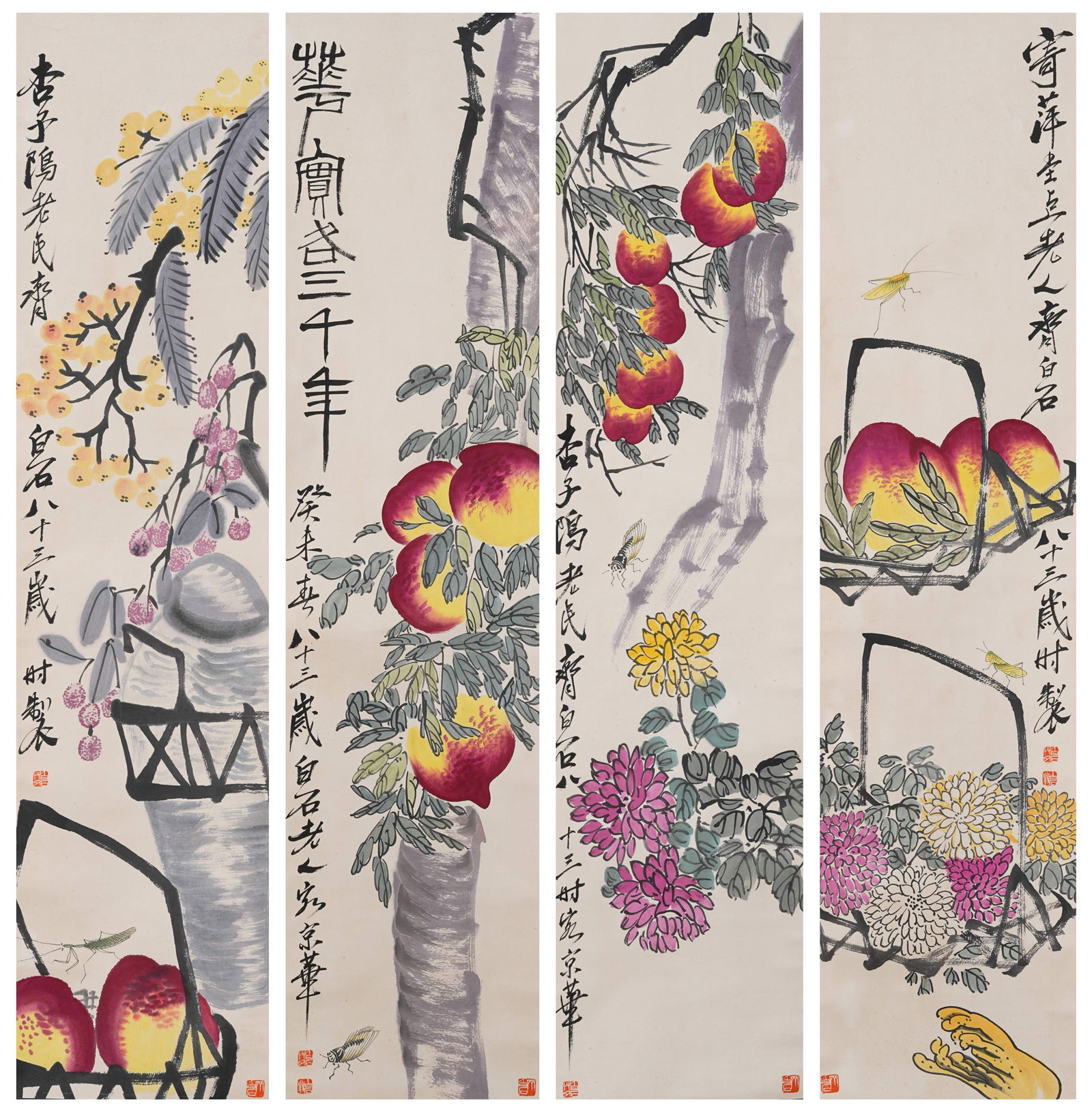 A FLOWER-AND-PEACH-OF-LONGEVITY PAINTINGS ON PAPER BY QI BAISHI (FOUR PIECES).齊白 (1 of 13)