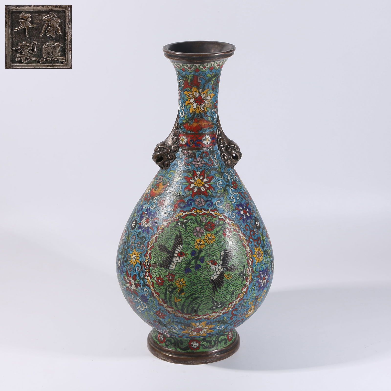 A CLOISONNÉ ENAMEL VASE ON BRONZE BASE WITH FLOWER-AND-BIRD PATTERN: Cloisonné Enamel Vase on Bronze Base with Flower-and-Bird Pattern