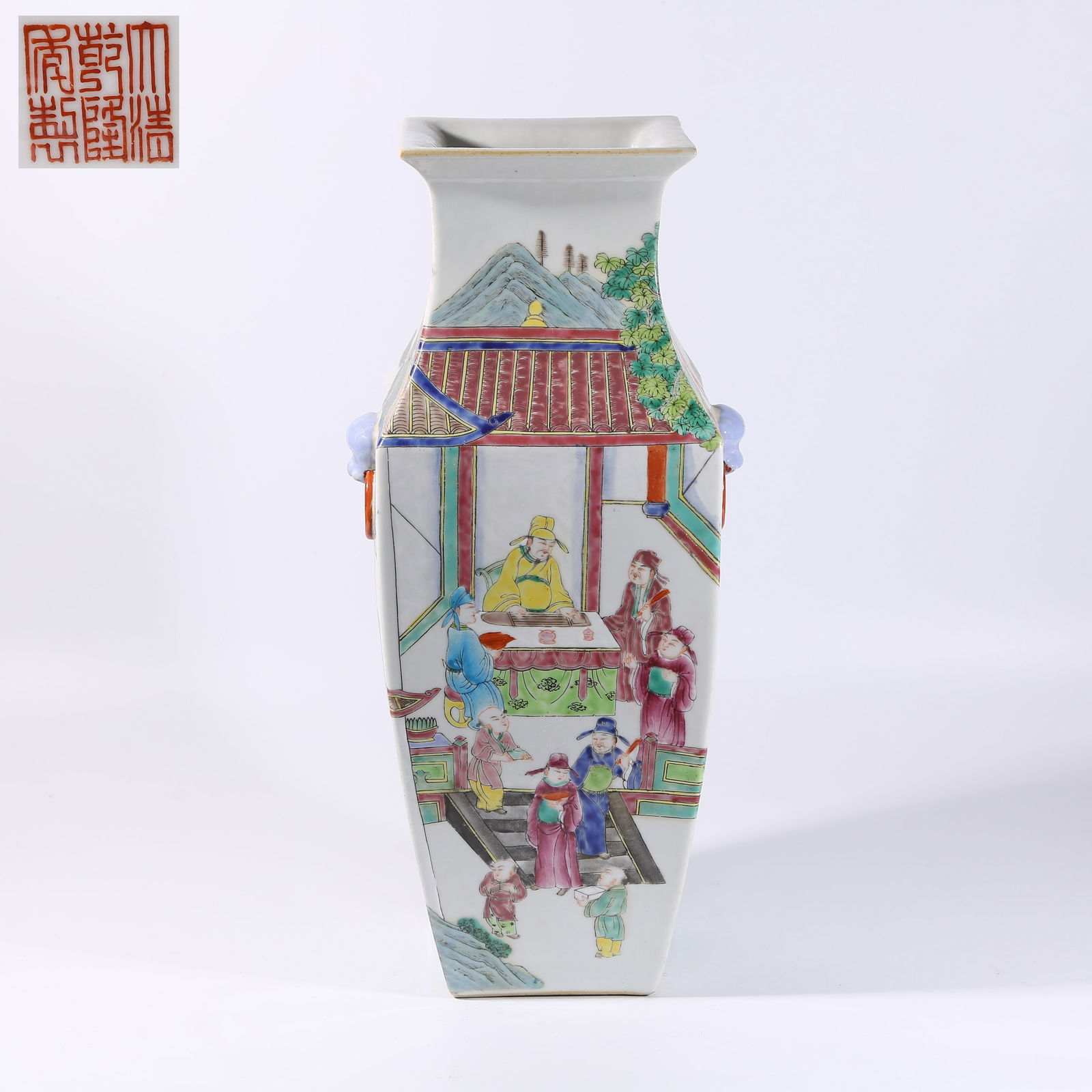 A FENCAI VASE WITH FIGURE AND NARRATIVE PATTERN AND TWIN NECK HANDLES (1 of 11)