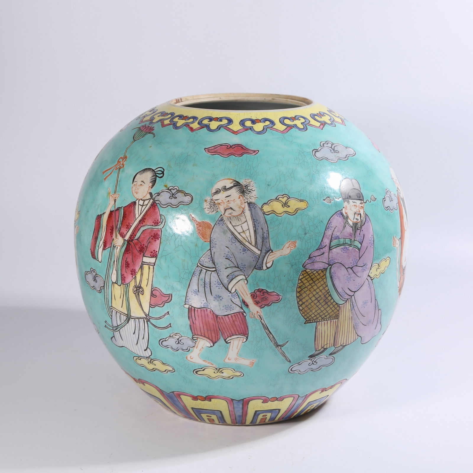 A FENCAI JAR WITH EIGHT IMMORTALS PATTERN ON TURQUOISE-GREEN GROUND (1 of 9)