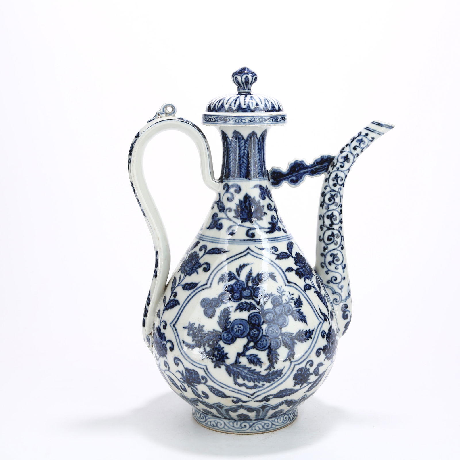 A BLUE AND WHITE EWER WITH SCROLLING AUSPICIOUS FRUIT DESIGN: Blue and White Ewer with Scrolling Auspicious Fruit Design