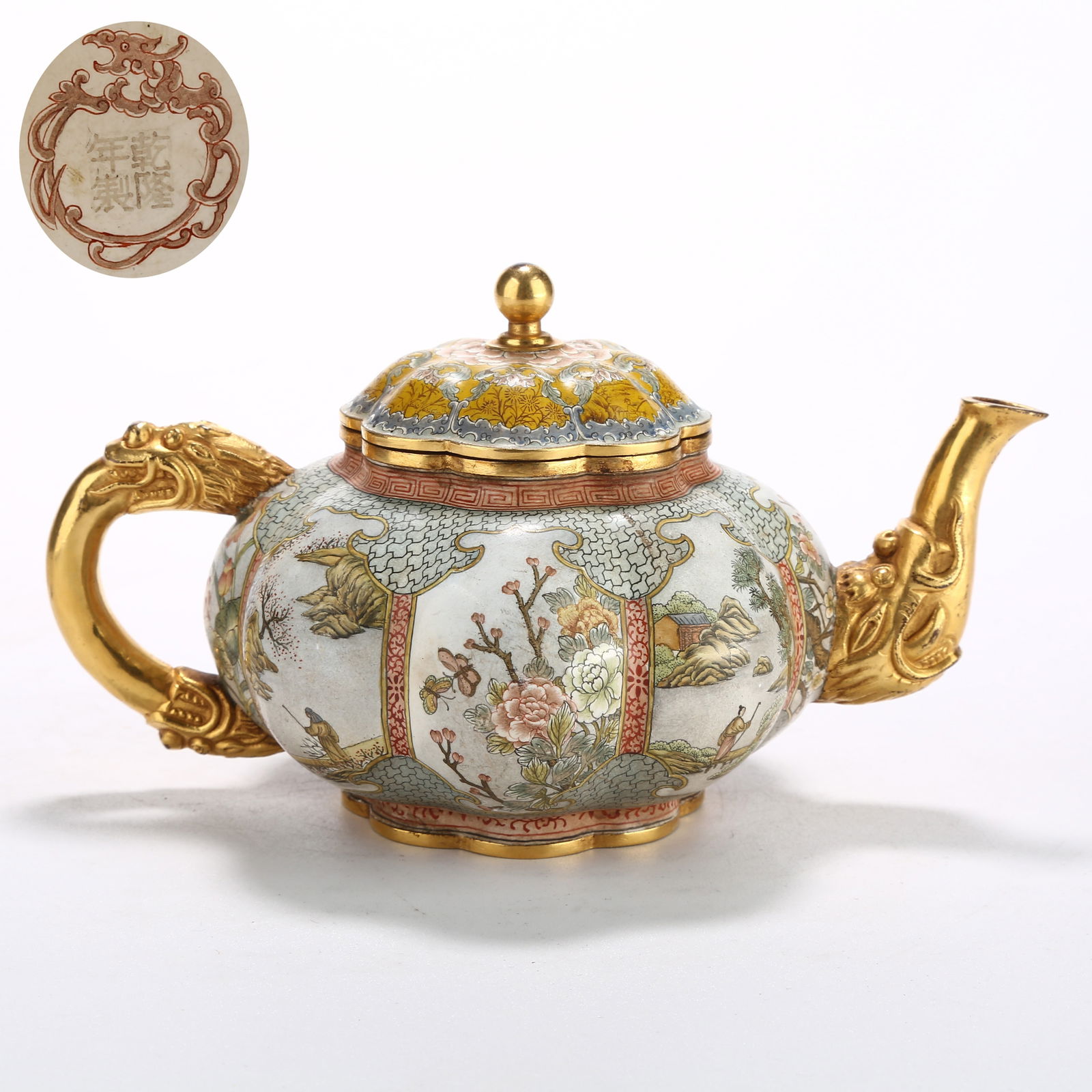 A CLOISONNÉ ENAMEL MELON-RIBBED EWER WITH LANDSCAPE AND FLORAL DESIGNS: Cloisonné Enamel Melon-Ribbed Ewer with Landscape and Floral Designs