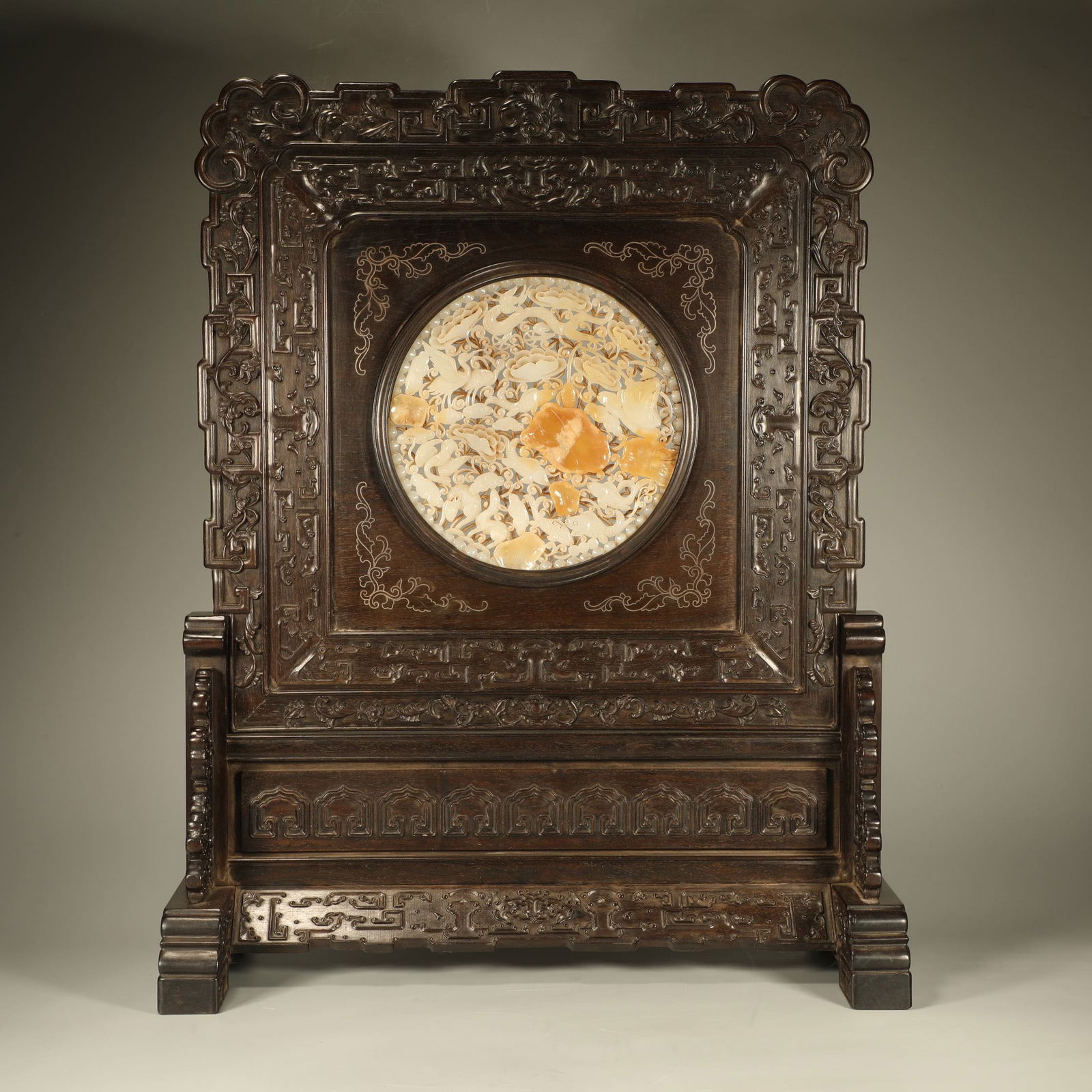 A ZITAN INLAID JADE CARVED "HARMONY IN ONE HALL" TABLE SCREEN: Zitan Inlaid Jade Carved "Harmony in One Hall" Table Screen