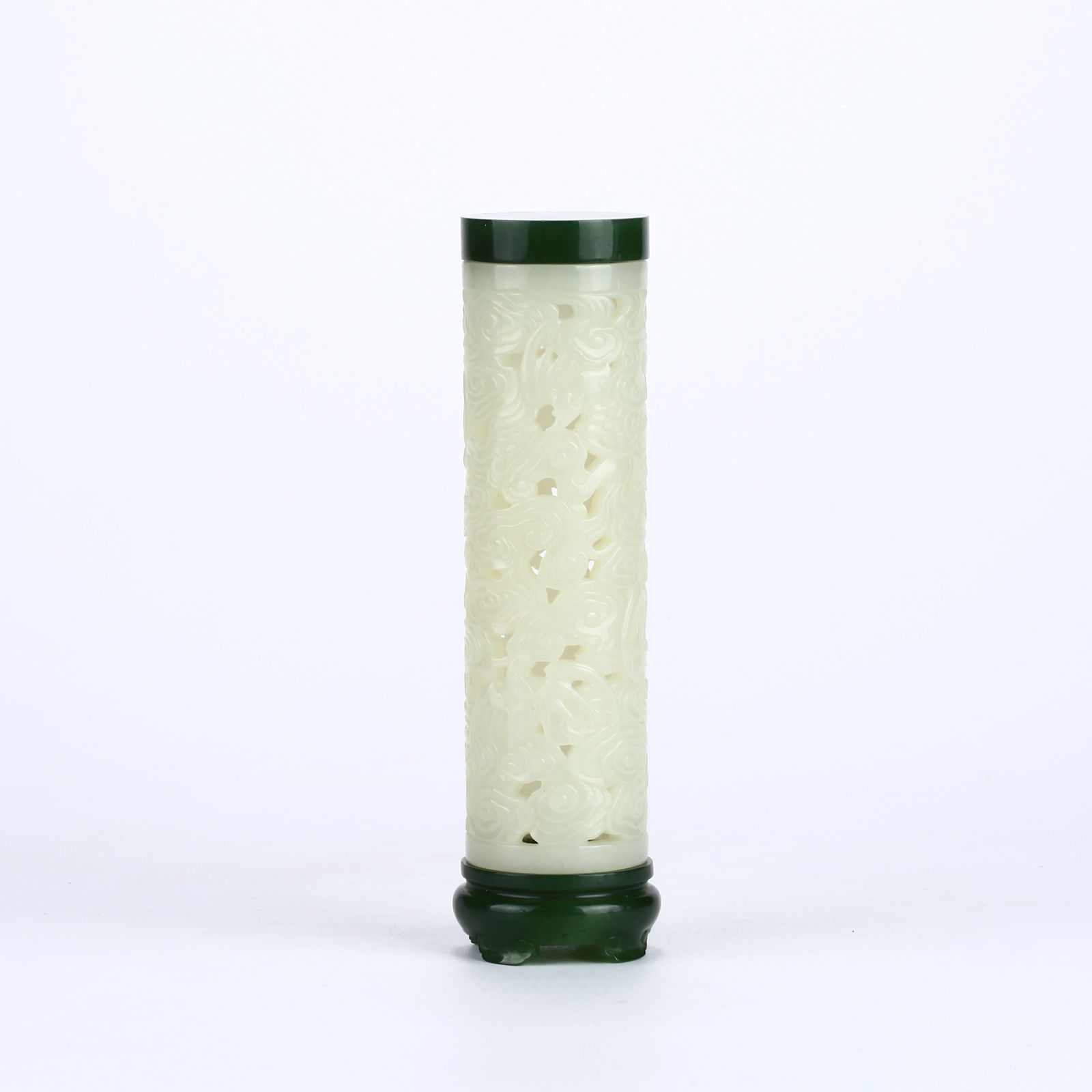 A HETIAN WHITE JADE INCENSE HOLDER WITH BAT AND CLOUD DESIGN: Hetian white jade incense holder with bat and cloud design