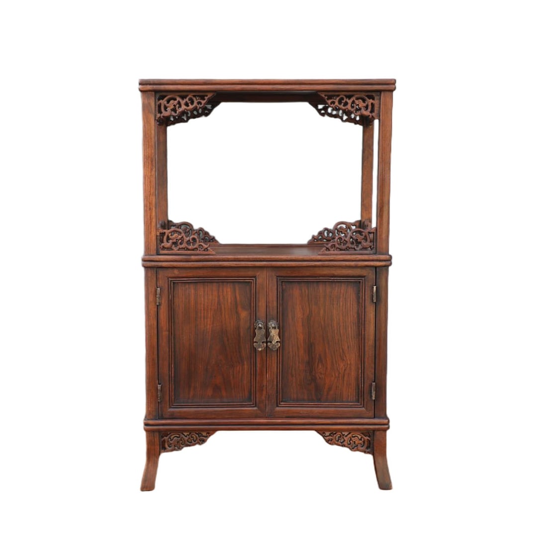 A HUANGHUALI CORNER CABINET CARVED WITH DRAGON MOTIFS: Huanghuali corner cabinet carved with dragon motifs