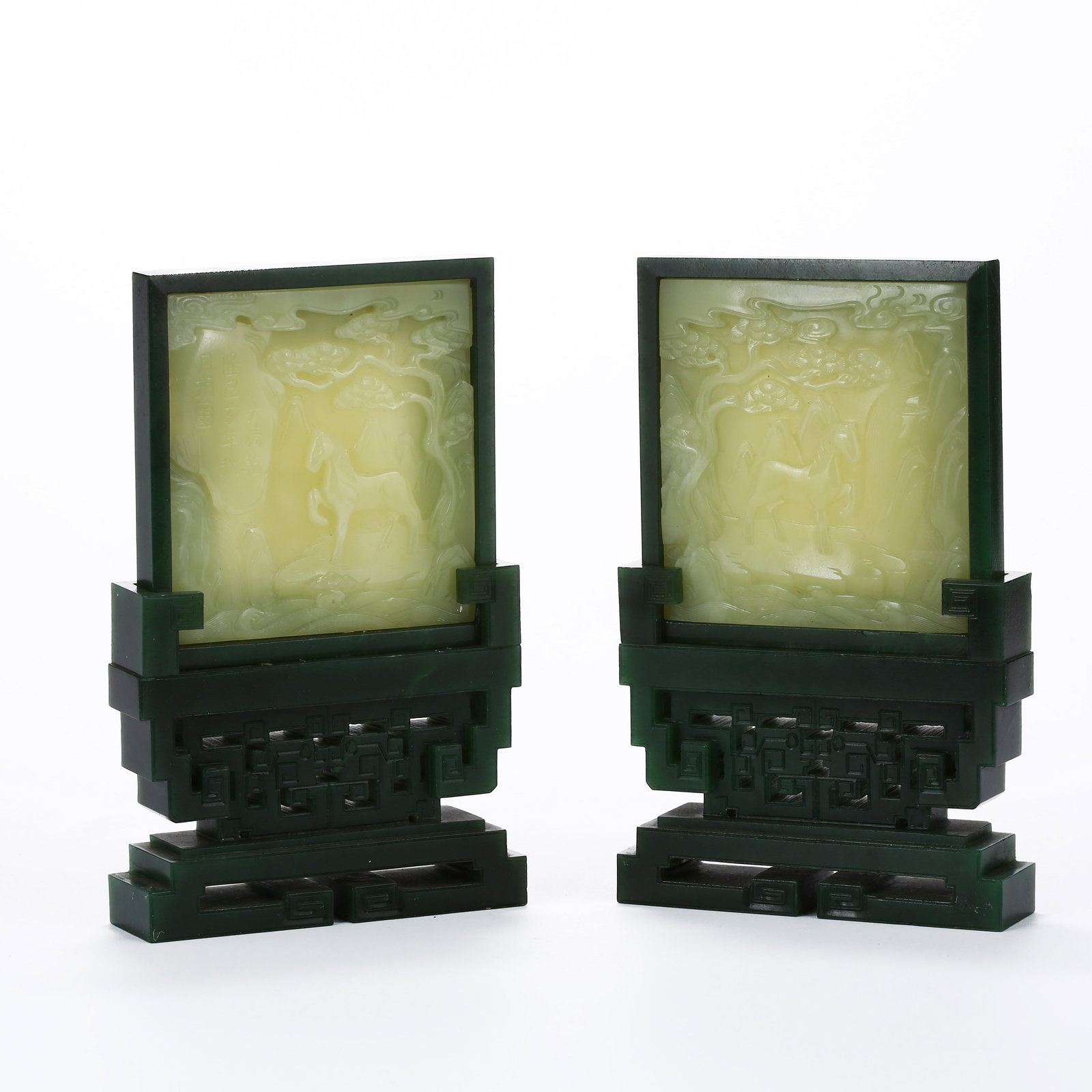 A GROUP OF HETIAN GREEN JADE AND YELLOW JADE INK SCREENS DEPICTING STEEDS: Group of Hetian green jade and yellow jade ink screens depicting steeds