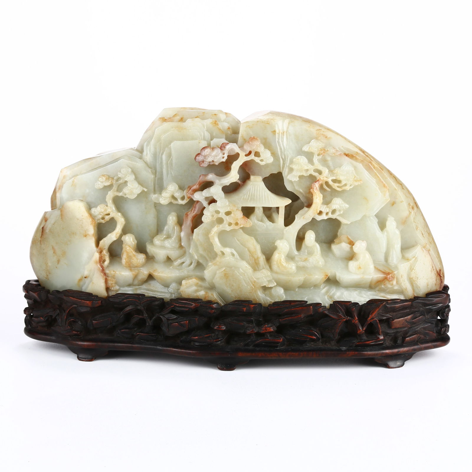 A HETIAN JADE MOUNTAIN CARVING OF ELEGANT SCHOLARS GATHERING: Hetian jade mountain carving of elegant scholars gathering