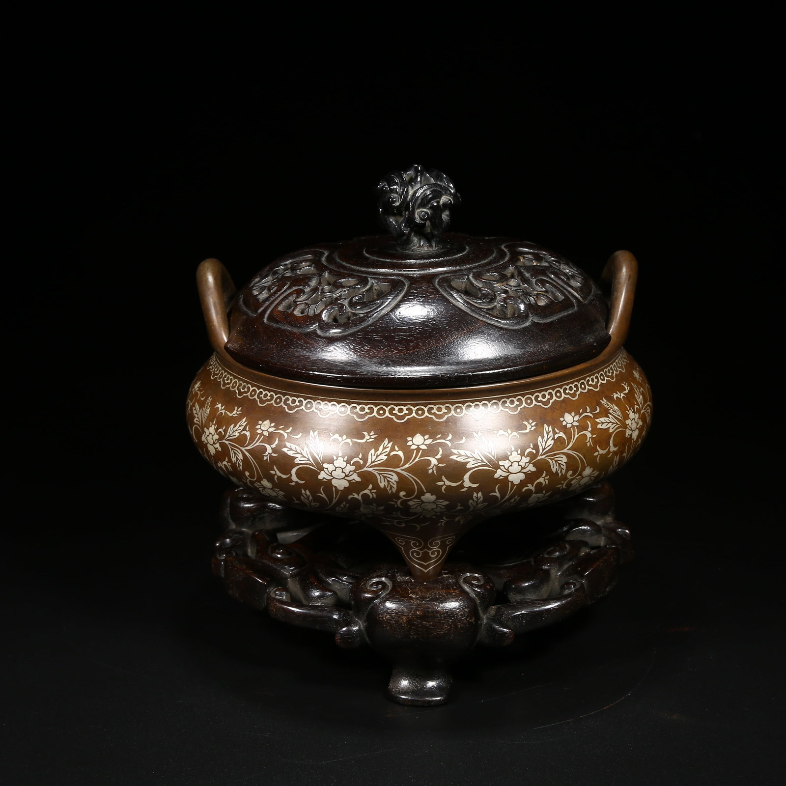 A BRONZE TRIPOD CENSER WITH SILVER-INLAID FLOWERING VINE PATTERN AND HIGH EARS (1 of 10)