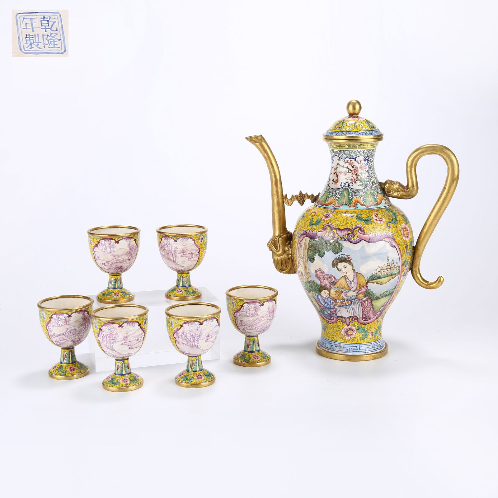 A SET OF CLOISONNÉ ENAMEL WINE VESSELS WITH WESTERN FIGURATIVE SCENES (1 of 12)