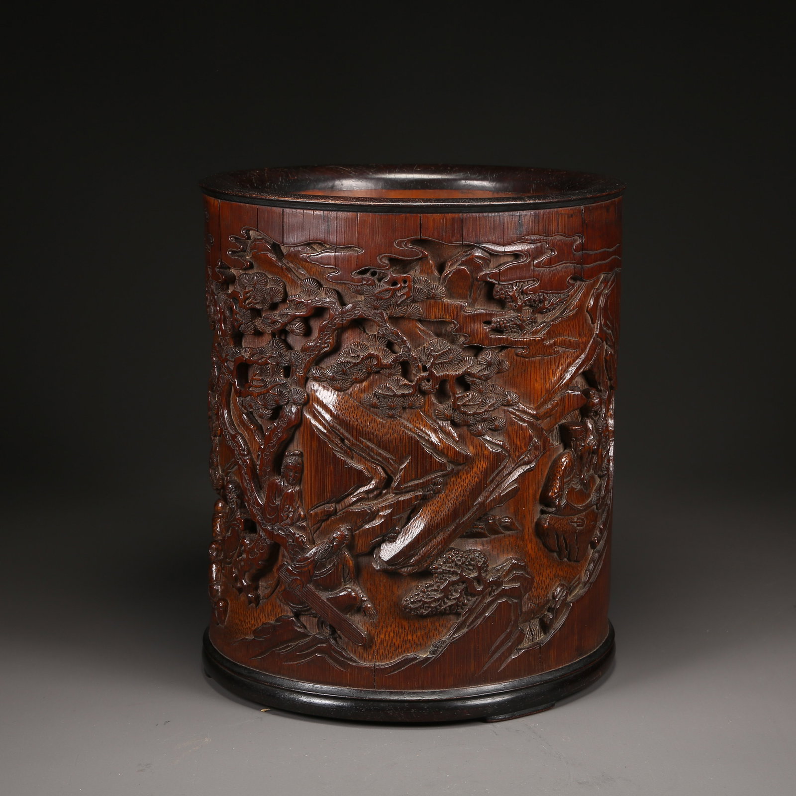 A BAMBOO-CARVED BRUSH POT WITH SCHOLAR GATHERING SCENE (1 of 9)