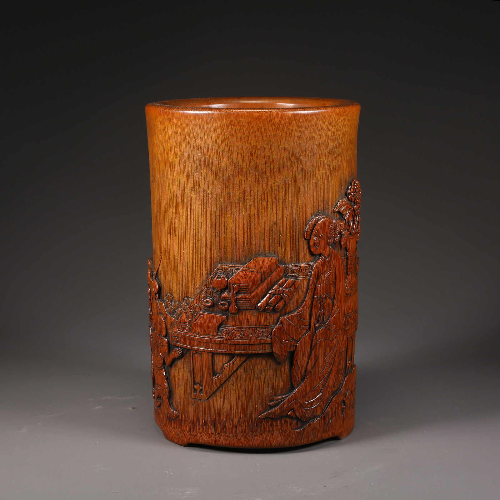 A BAMBOO-CARVED BRUSH POT WITH "TEACHING THE SON" SCENE (1 of 9)