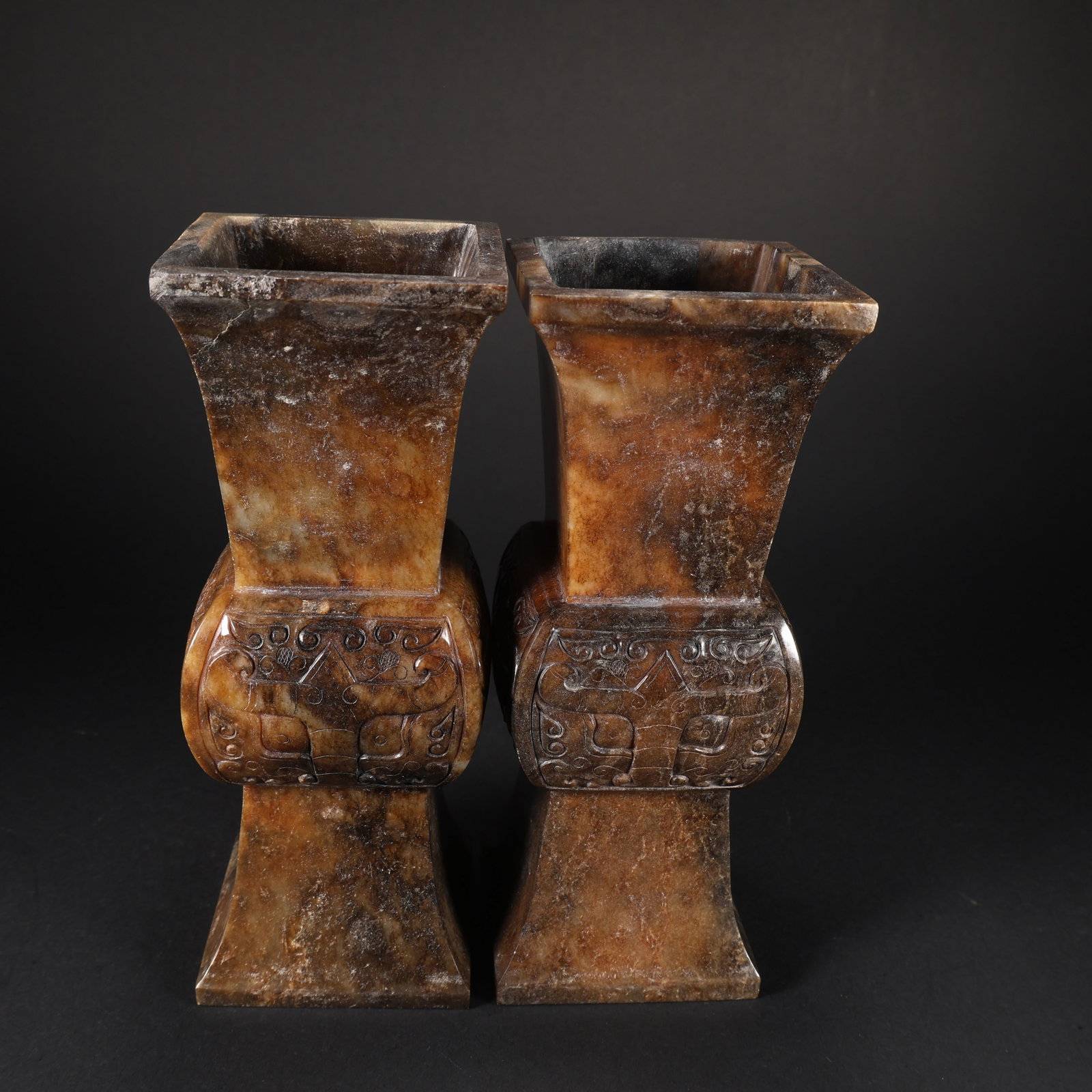 A PAIR OF HETIAN JADE BEAST-FACED SQUARE DING (RITUAL CAULDRON): Pair of Hetian Jade Beast-Faced Square Ding (Ritual Cauldron)