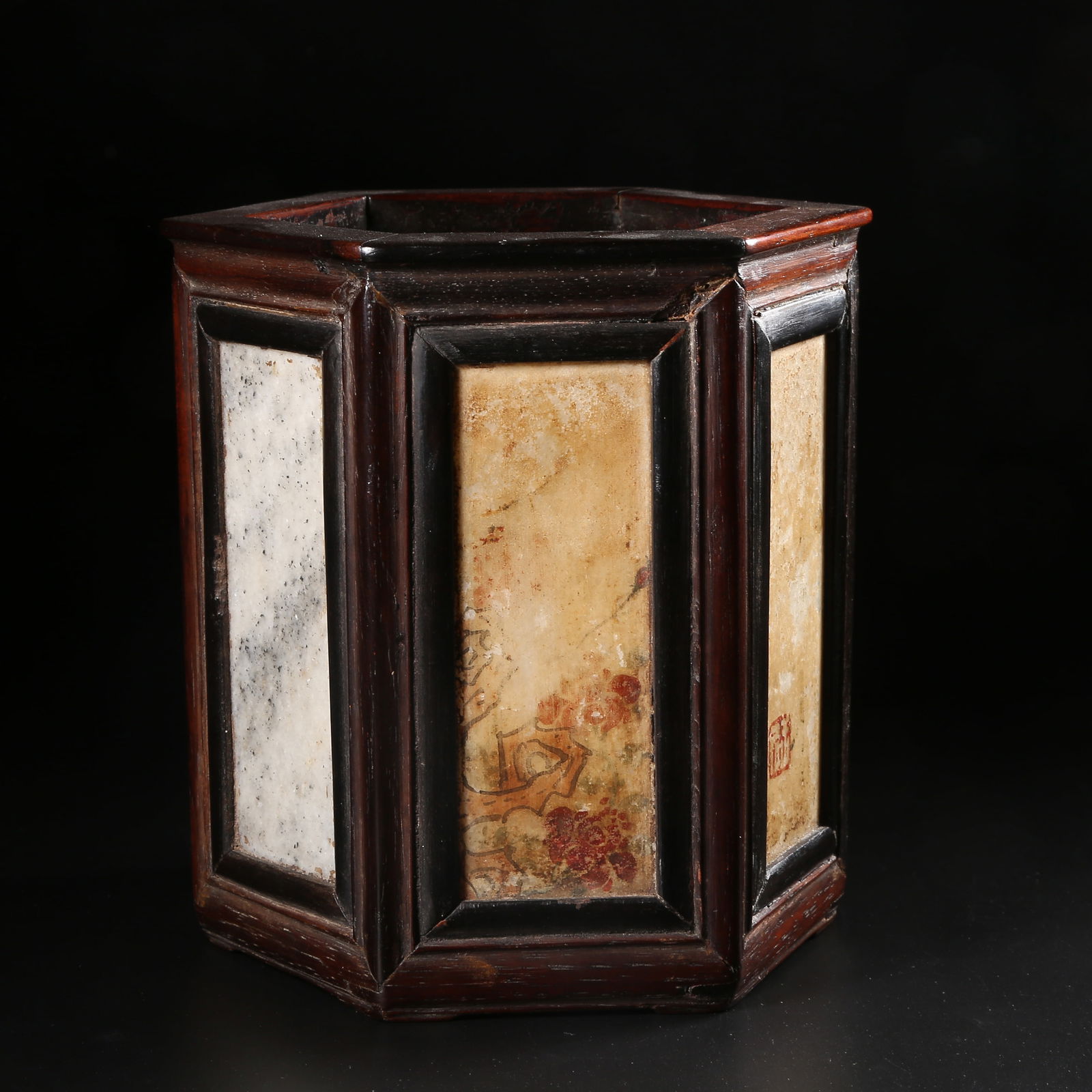 A HUANGHUALI HEXAGONAL BRUSH HOLDER INLAID WITH CLOUDSTONE (1 of 9)