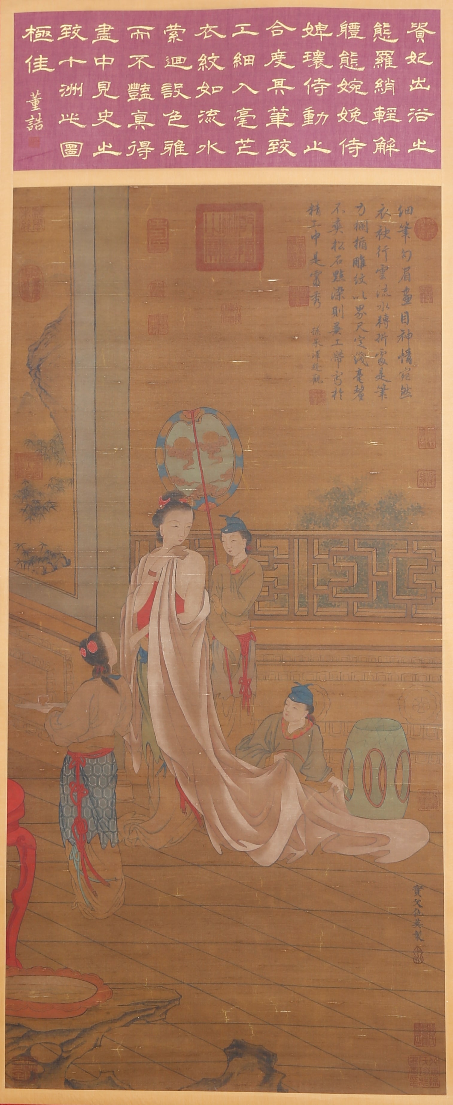 A "CONCUBINE BATHING" PAINTING ON SILK BY QIU YING.仇英 (1 of 9)