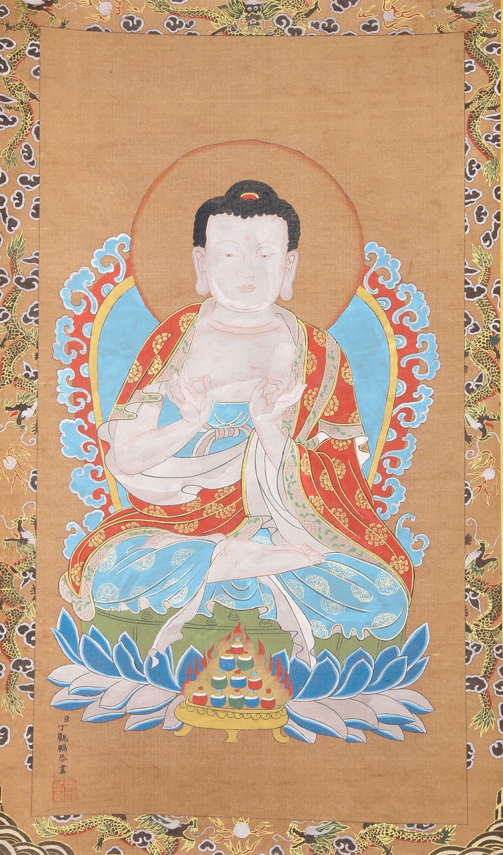 A BUDDHA FIGURE PAINTING ON SILK BY DING GUANPENG.丁觀鵬 (1 of 9)