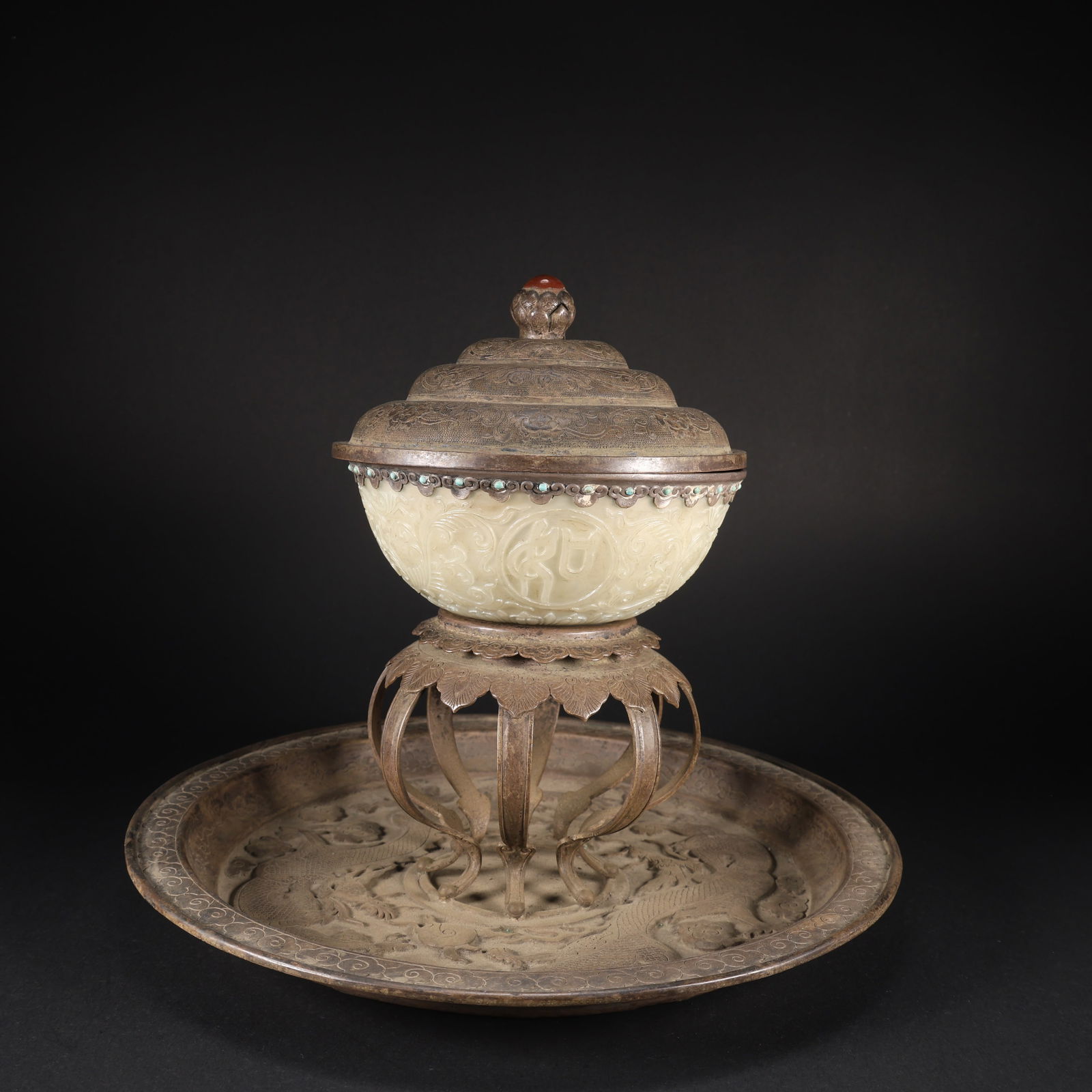 A HETIAN JADE SET OF THREE BOWLS WITH SILVER INLAY AND TURQUOISE, CARVED WITH FU, LU, SHOU AND (1 of 9)