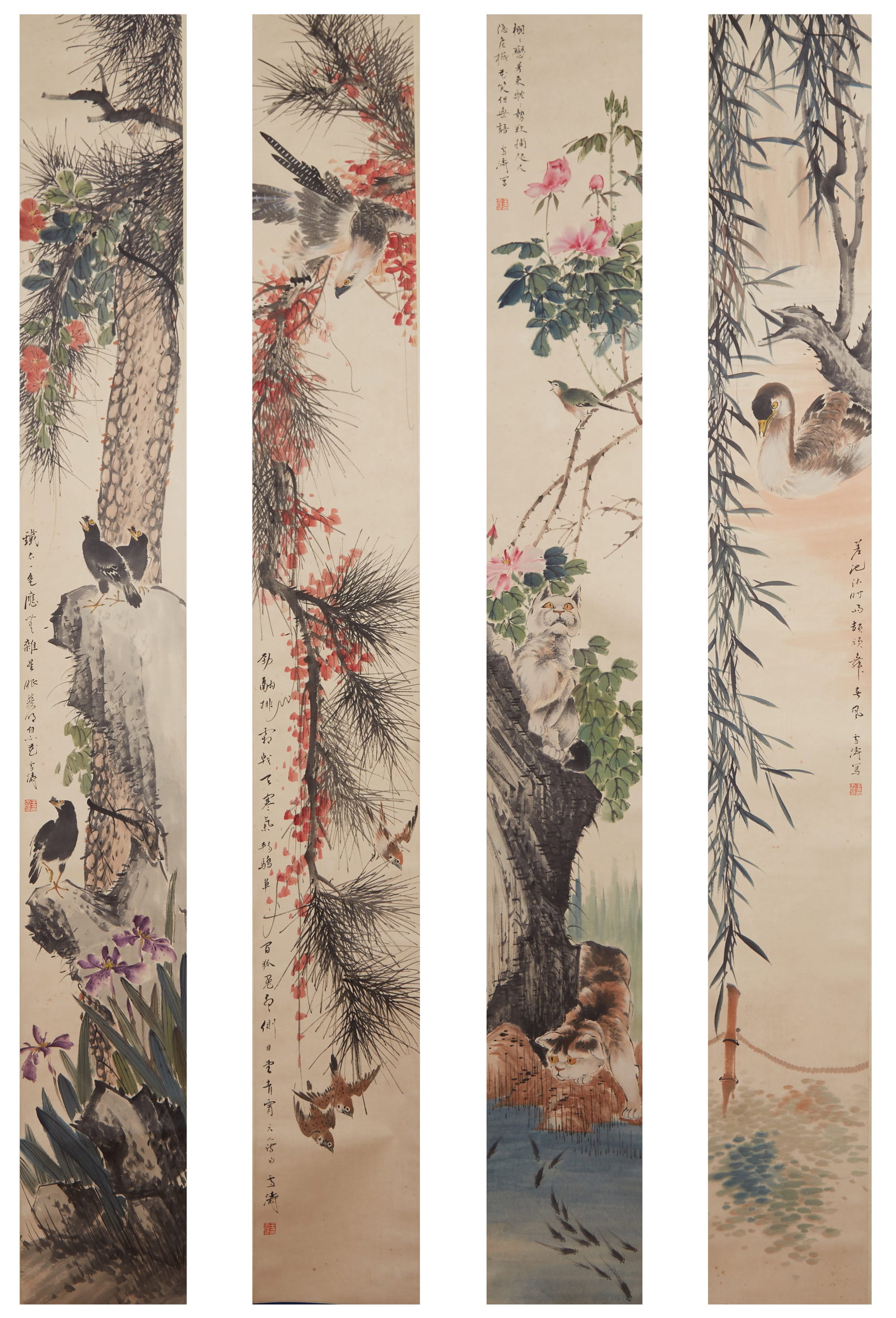 A FLOWERS AND BIRDS PAINTING ON PAPER BY WANG XUETAO (4 PAINTINGS).王雪濤 (1 of 20)