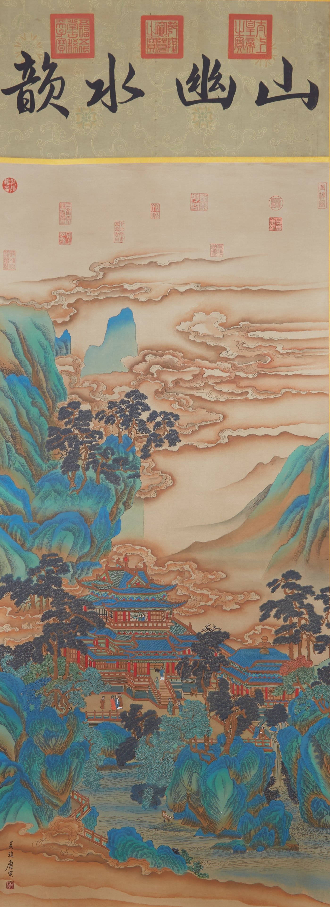 A IMMORTAL MOUNTAIN AND PAVILION PAINTING ON SILK BY TANG BOHU.唐伯虎: Immortal Mountain and Pavilion Painting on Silk by Tang Bohu.唐伯虎