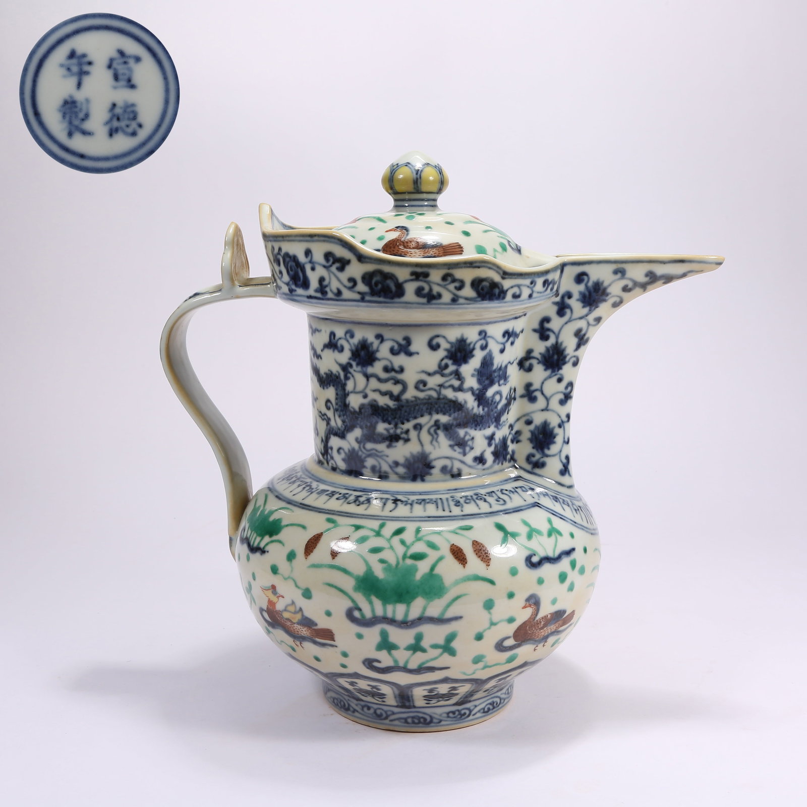 A BLUE-AND-WHITE AND DOUPAI "LOTUS POND WITH MONKS HAT" EWER (1 of 9)