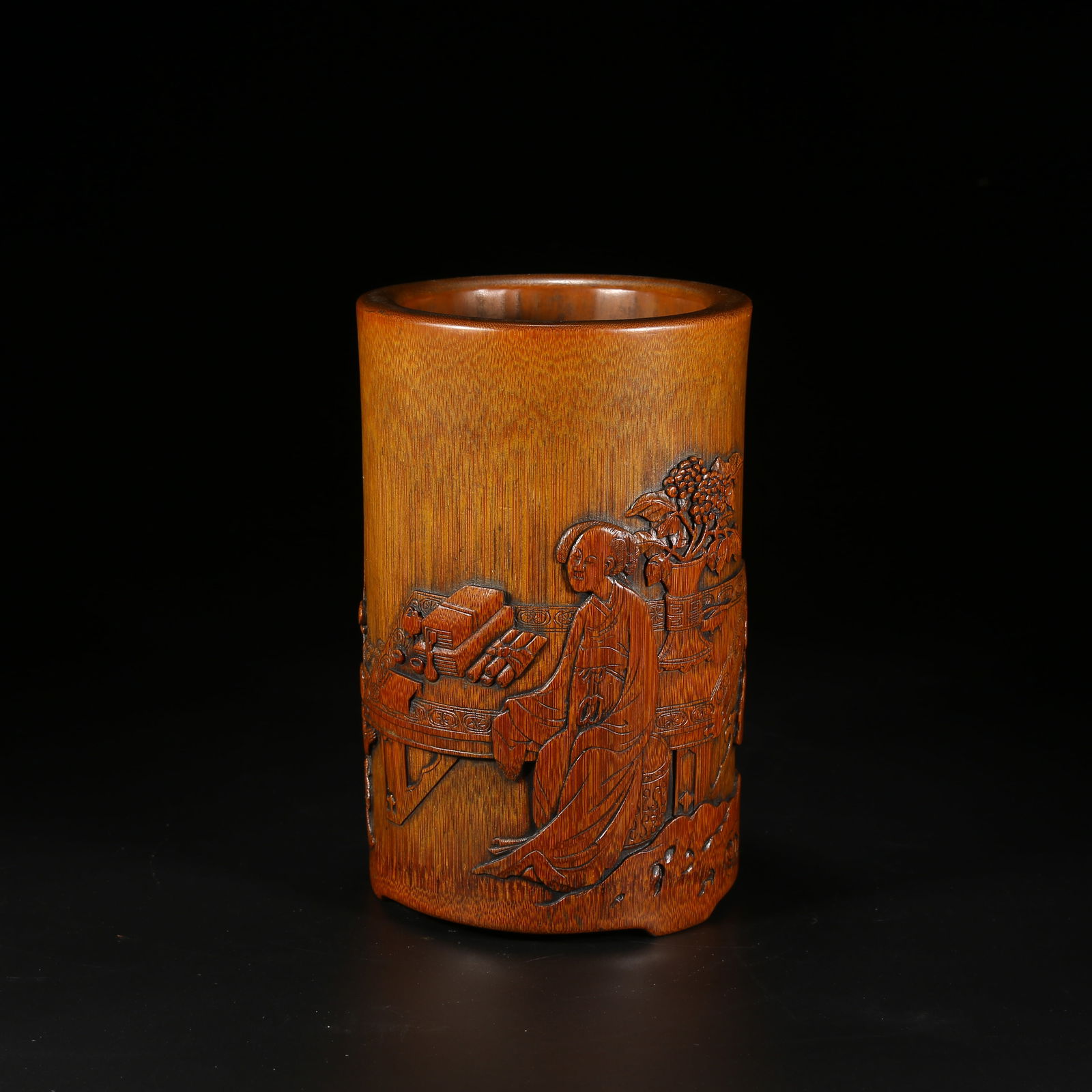 A BAMBOO BRUSH POT CARVED WITH TEACHING CHILDREN SCENE (1 of 8)