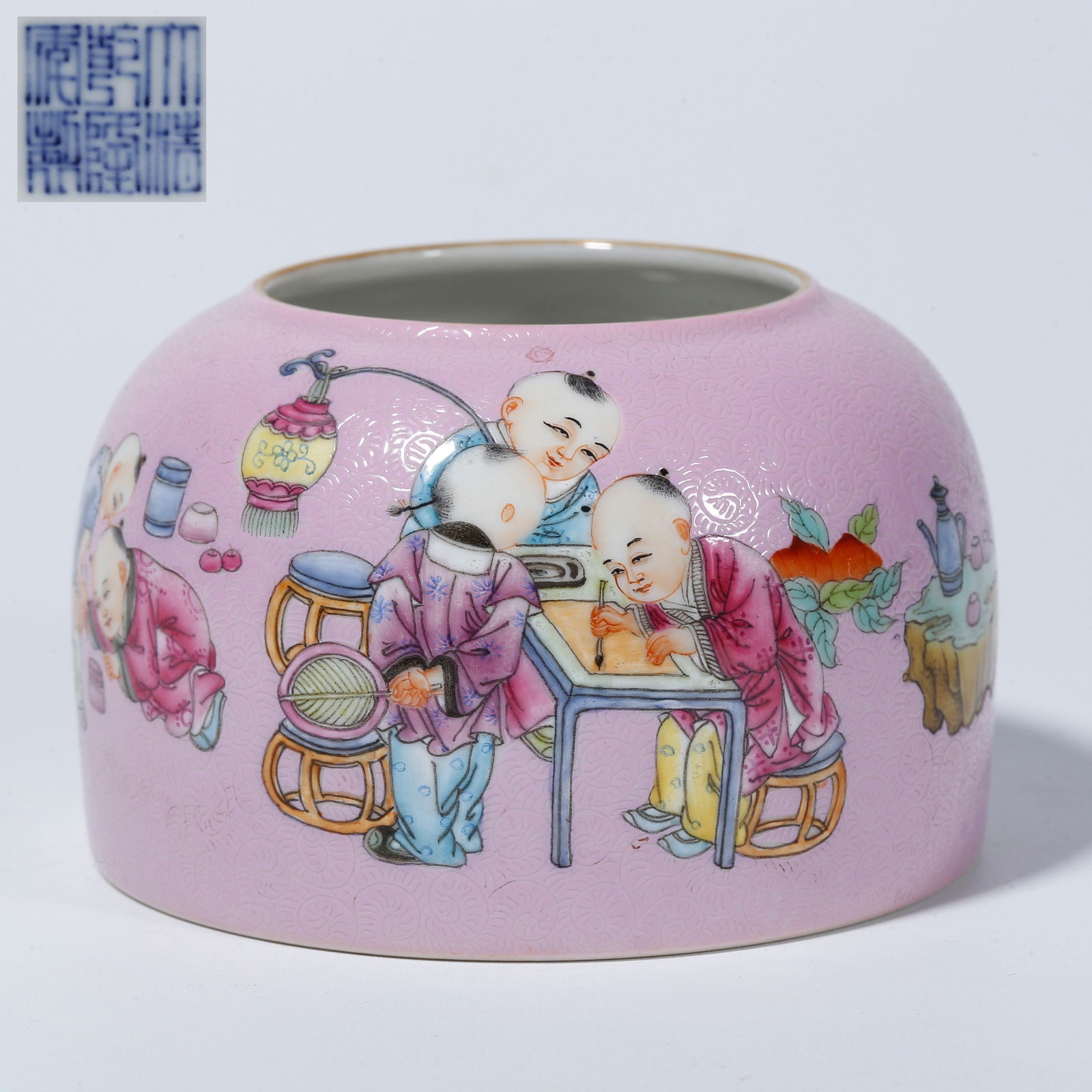 A FAMILLE GLAZED WATER POT WITH CHILDREN AT PLAY DESIGN: Famille Glazed Water Pot with Children at Play Design