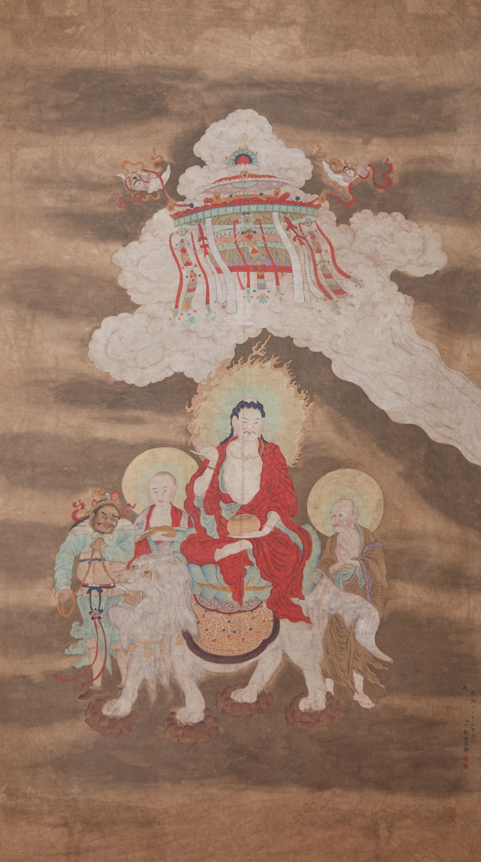 A BUDDHA FIGURE PAINTING ON SILK BY DING GUANPENG.丁觀鵬: Buddha Figure Painting on Silk by Ding Guanpeng.丁觀鵬