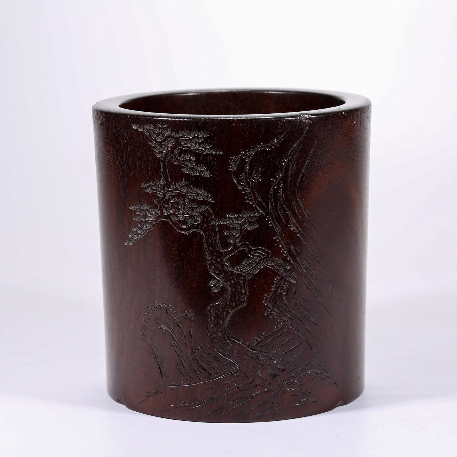 A HUANGHUALI WOOD BRUSH HOLDER WITH STRONG PINE DESIGN: Huanghuali Wood Brush Holder with Strong Pine Design