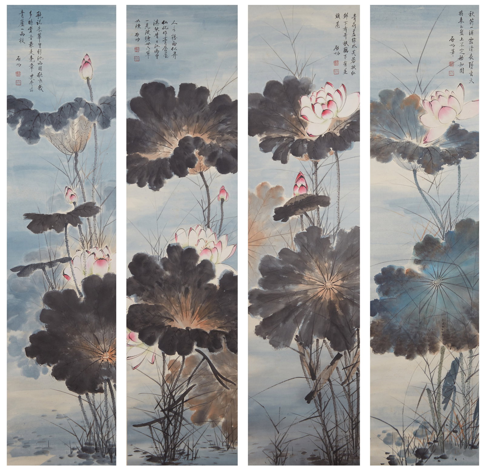 A LOTUS PAINTING ON PAPER BY QI GONG (4 PAINTINGS).啟功 (1 of 20)