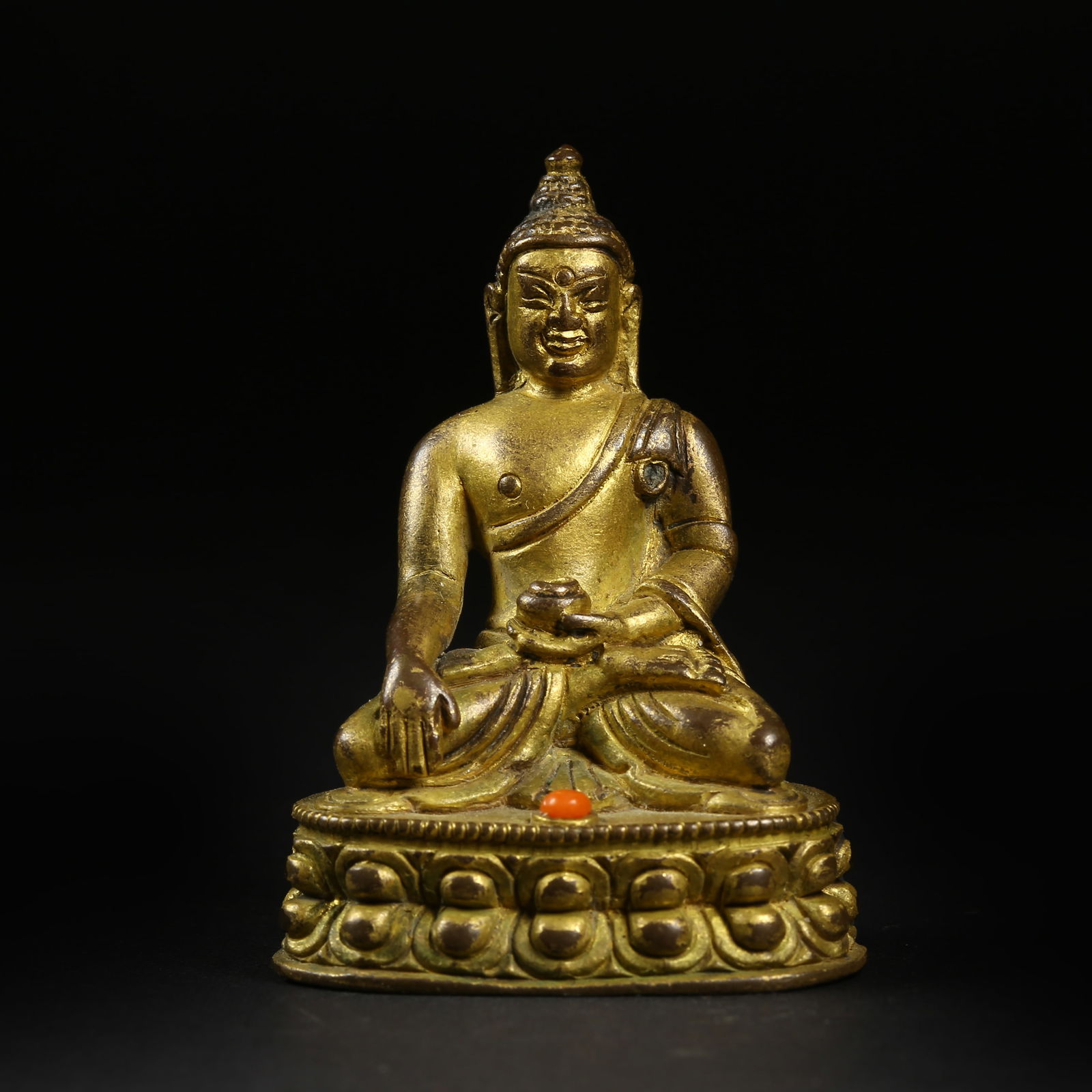 A GILT-BRONZE EMBEDDED GEM MEDICINE BUDDHA (SMALL) (1 of 8)