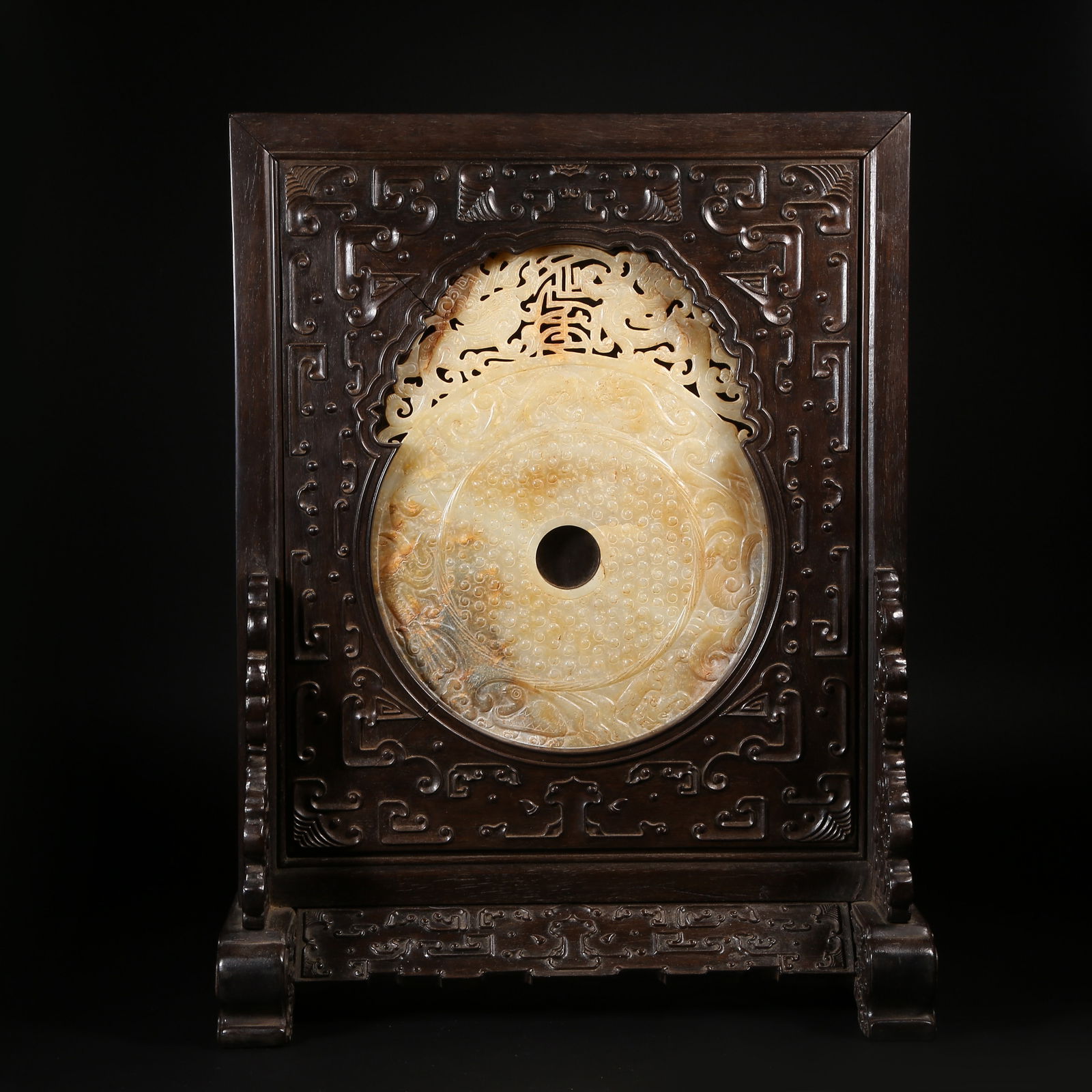 A ZITAN SCREEN INLAID WITH ANCIENT JADE BI DISC (1 of 8)