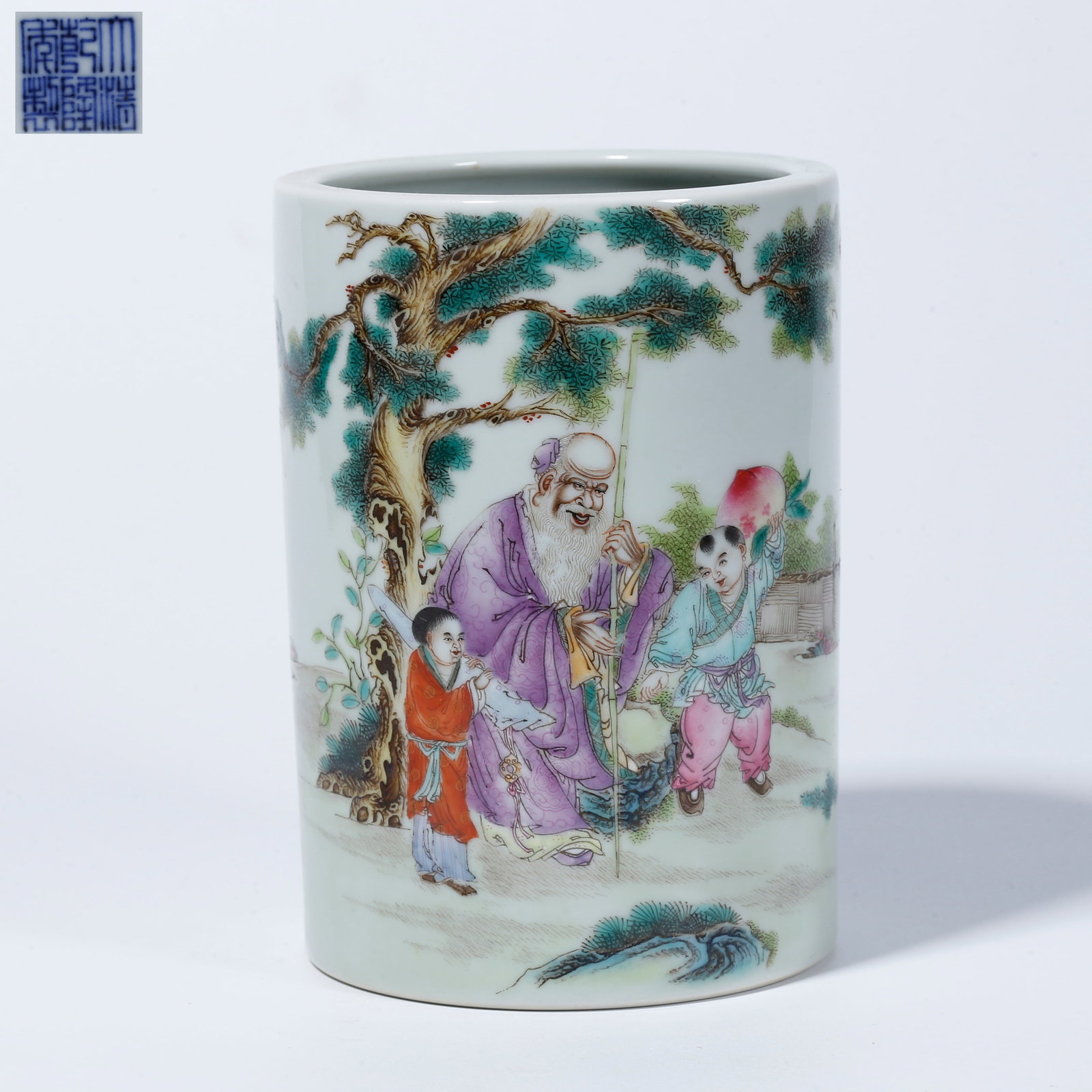 A FAMILLE ROSE BRUSH POT WITH FIGURAL STORY DESIGN (1 of 10)