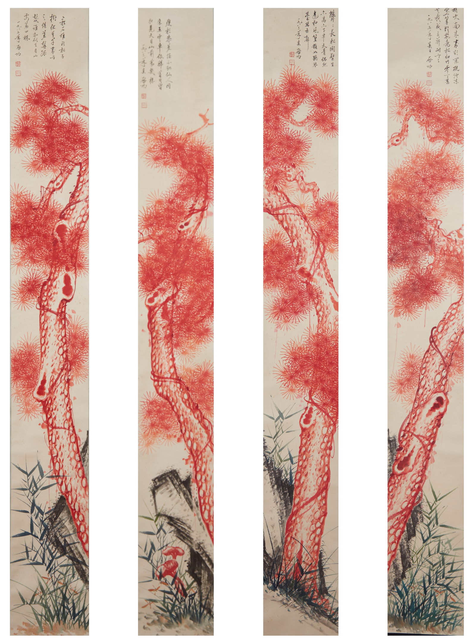 A RED PINE PAINTING ON PAPER BY QI GONG (4 PAINTINGS).啟功 (1 of 18)