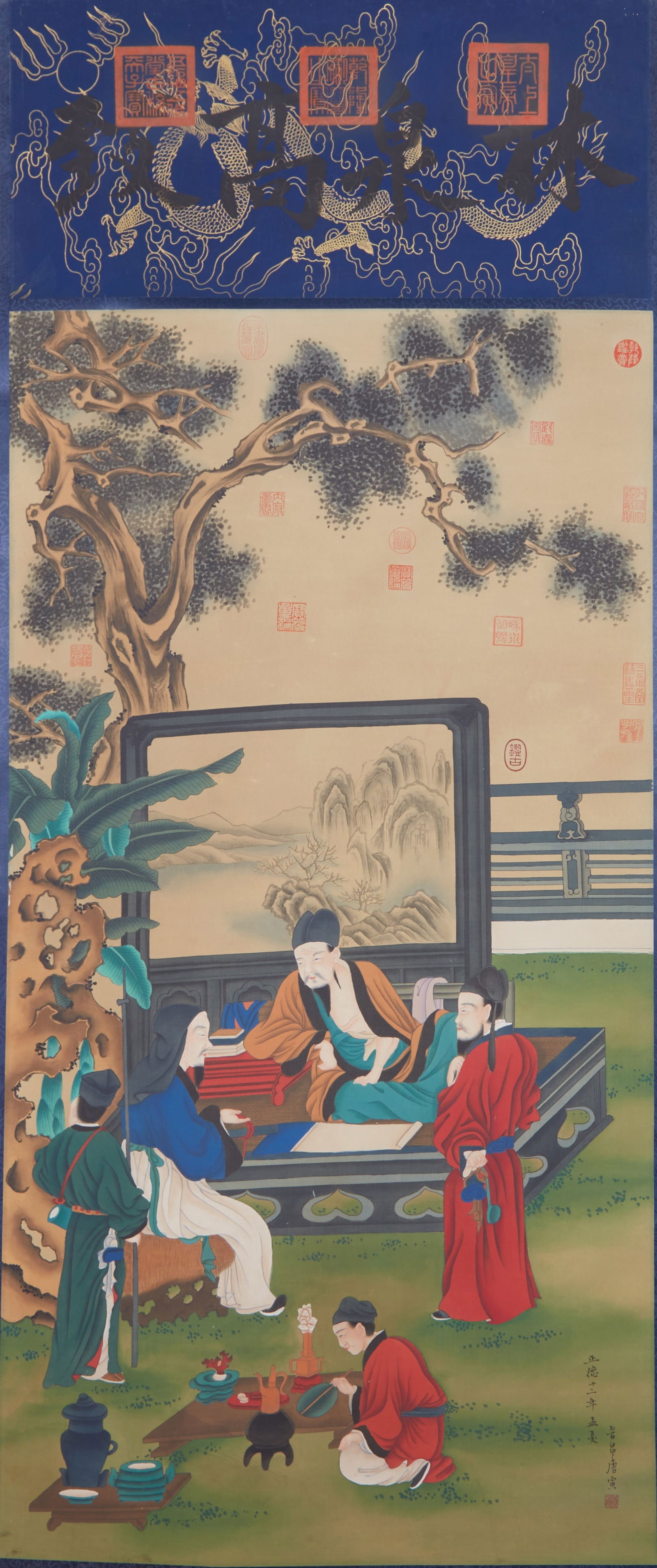 A EMINENT SCHOLAR BENEATH PINES PAINTING ON SILK BY TANG BOHU.唐伯虎: Eminent Scholar Beneath Pines Painting on Silk by Tang Bohu.唐伯虎