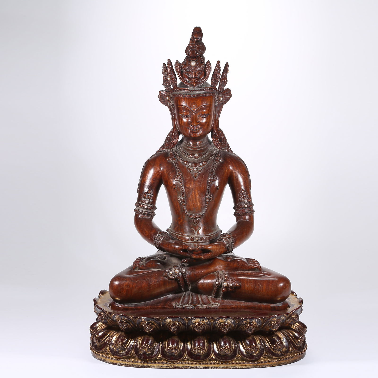 A HUANGHUALI WOOD INLAID WITH EASTERN PEARLS, AMITAYUS BUDDHA FIGURE (1 of 9)