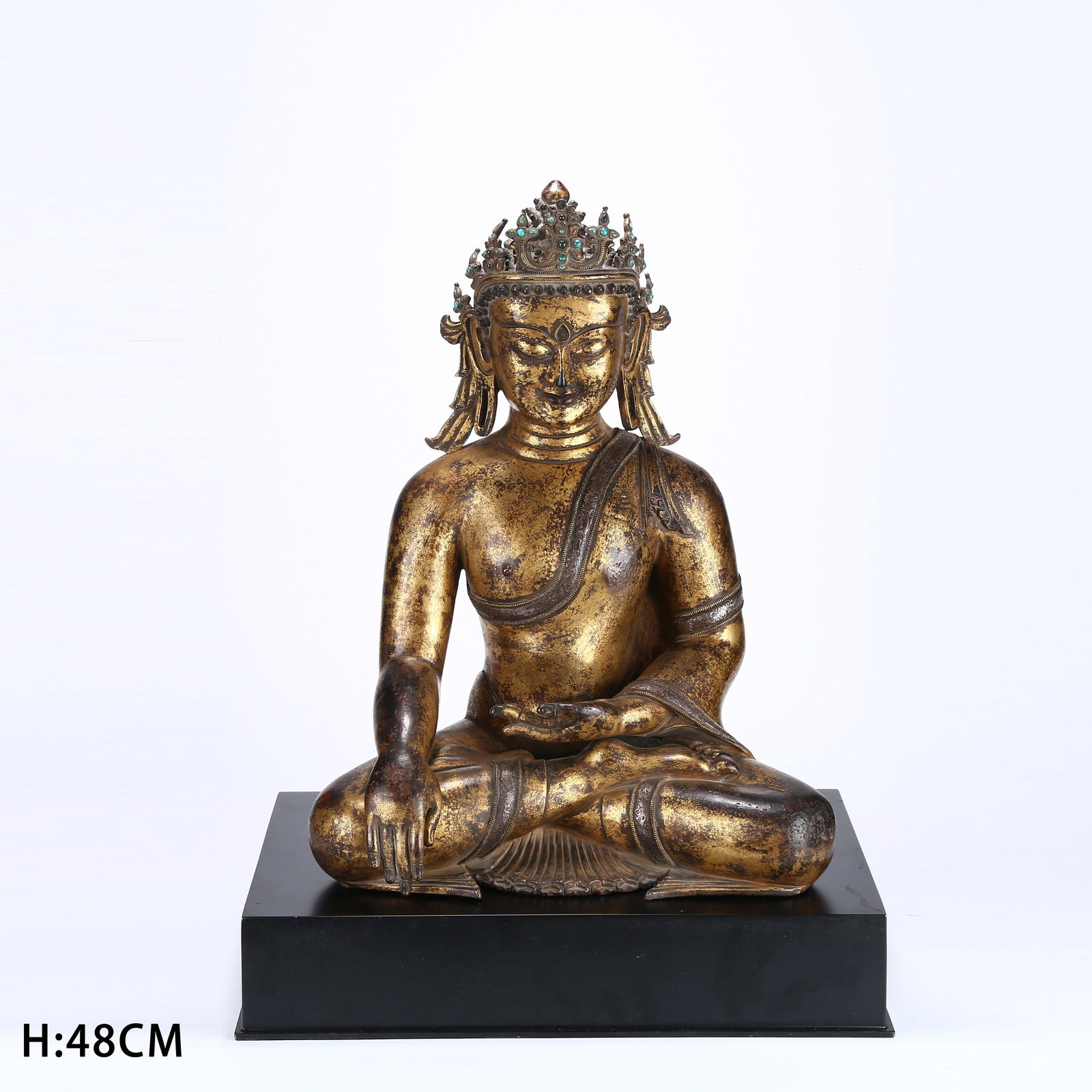 A GILDED BRONZE CROWNED SHAKYAMUNI BUDDHA STATUE (1 of 9)