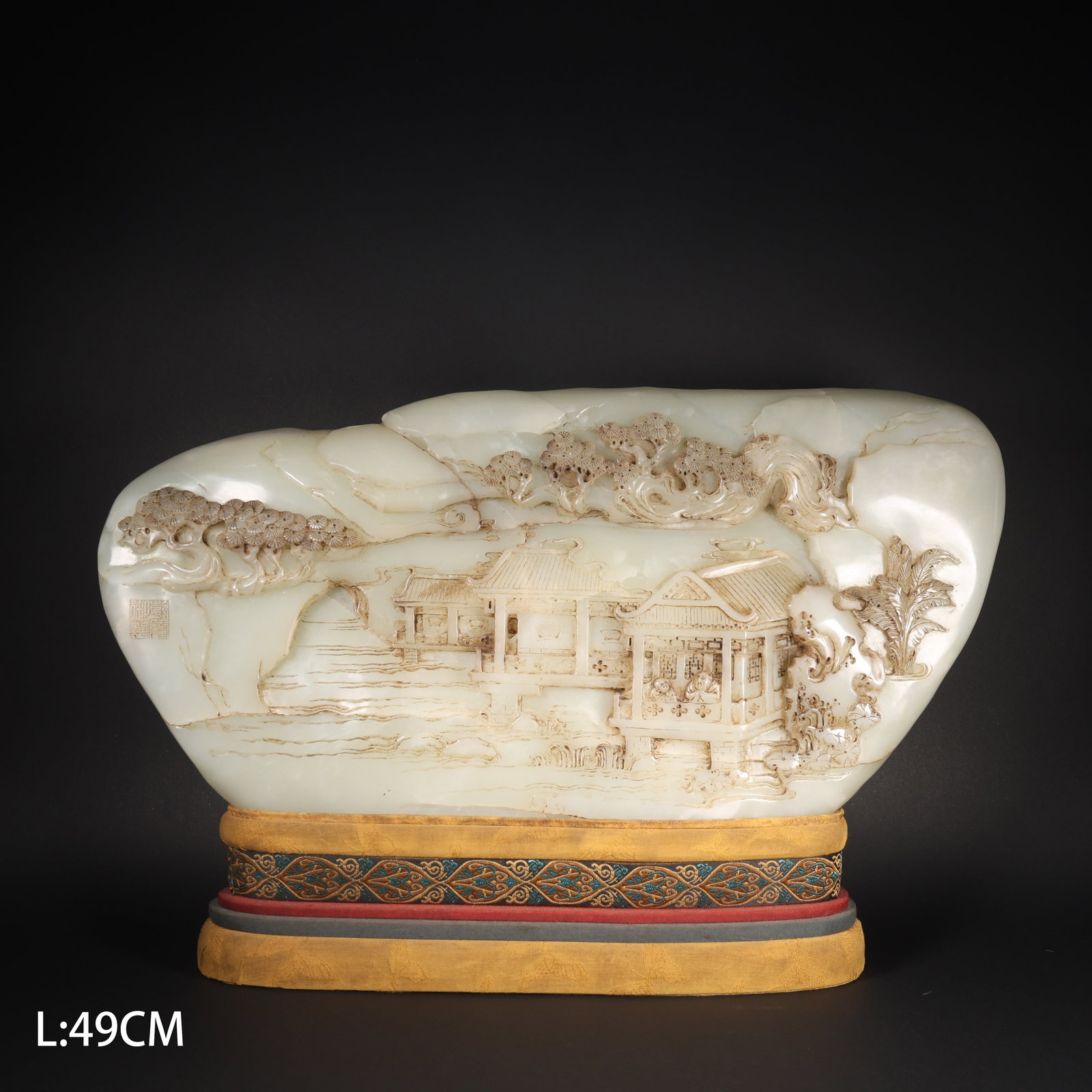 A HETIAN JADE LANDSCAPE FIGURINE WITH PAVILION, FIGURES, AND POETRY (1 of 9)